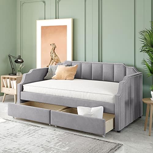 Twin Size Upholstered Daybed with Drawers, Velvet Sofa Bed Solid Wooden Bed Frame, Wood Slat Support, No Box Spring Needed, Easy to Assemble, for Kids/Teen/Adults, Grey Twin Size Upholstered Daybed with Drawers, Velvet Sofa Bed Solid Wooden Bed Frame, Wood Slat Support, No Box Spring Needed, Easy to Assemble, for Kids/Teen/Adults, Grey