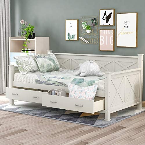 Twin Size Daybed with Storage Drawers for Kids, Solid Pinewood Bedframe with Guardrail, for Boys/Girls/Teens Bedroom, Easy to Assemble, No Box Spring Needed, White Twin Size Daybed with Storage Drawers for Kids, Solid Pinewood Bedframe with Guardrail, for Boys/Girls/Teens Bedroom, Easy to Assemble, No Box Spring Needed, White