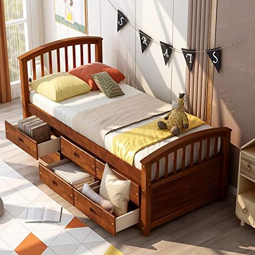 Twin Size Bed Frame with 6 Storage Drawers, Twin Daybed with Storage, Solid Wood Captains Bed Frame for Kids, Teens, Adults, No Box Spring Needed, Walnut Twin Size Bed Frame with 6 Storage Drawers, Twin Daybed with Storage, Solid Wood Captains Bed Frame for Kids, Teens, Adults, No Box Spring Needed, Walnut