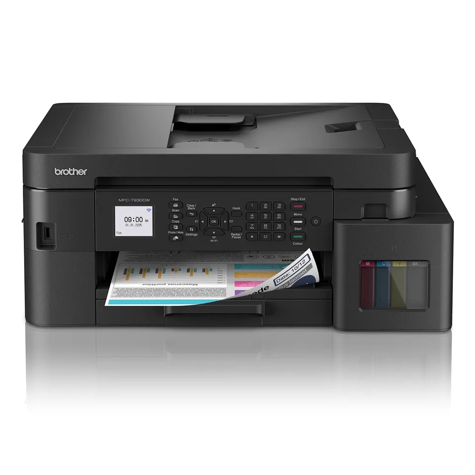 Pisač Brother tintni MFP DCPT930DW inkbenefit plus A4, wifi, duplex, sustav za ponovno punjenje spremnika, USB, WiFi, do 17 str/min c/b 16 str/min kolor, BTD100BK (6.500 str.) BTD100C/M/Y (5.000 str.),papir: 150 listova ADF: 20 listova, jamstvo 2+1.