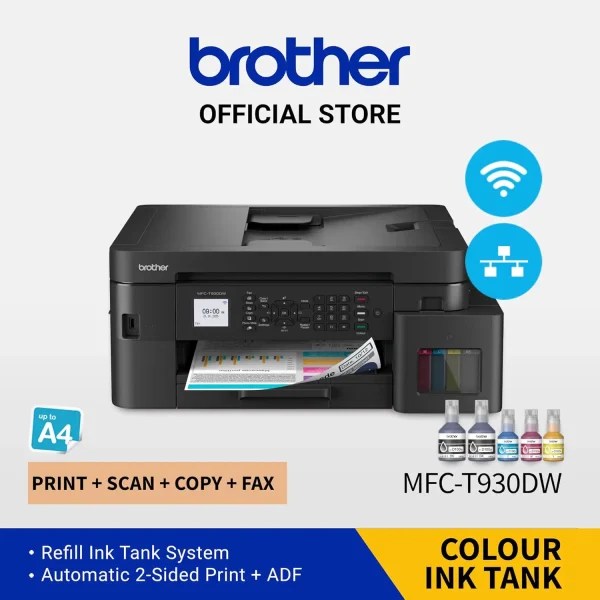 Pisač Brother tintni MFP DCPT930DW inkbenefit plus A4, wifi, duplex, sustav za ponovno punjenje spremnika, USB, WiFi, do 17 str/min c/b 16 str/min kolor, BTD100BK (6.500 str.) BTD100C/M/Y (5.000 str.),papir: 150 listova ADF: 20 listova, jamstvo 2+1.