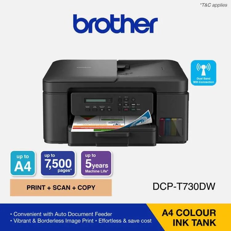 Pisač Brother tintni MFP DCPT730DW inkbenefit plus A4, wifi, duplex, sustav za ponovno punjenje spremnika, USB, WiFi, do 17 str/min c/b 16 str/min kolor, BTD100BK (6.500 str.) BTD100C/M/Y (5.000 str.),papir: 150 listova ADF: 20 listova, jamstvo 2+1.