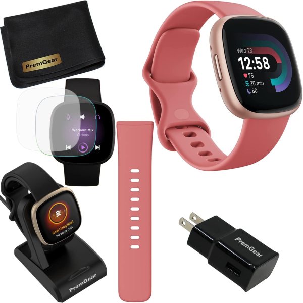 Fitbit Versa 4 Health and Fitness Smart Watch (Pink/Rose) with Built-in GPS, 6 Day Battery Life, S & L Bands, Bundle with 3.3foot Charge Cable, Wall Adapter, Screen Protectors & PremGear Cloth Fitbit Versa 4 Health and Fitness Smart Watch (Pink/Rose) with Built-in GPS, 6 Day Battery Life, S & L Bands, Bundle with 3.3foot Charge Cable, Wall Adapter, Screen Protectors & PremGear Cloth