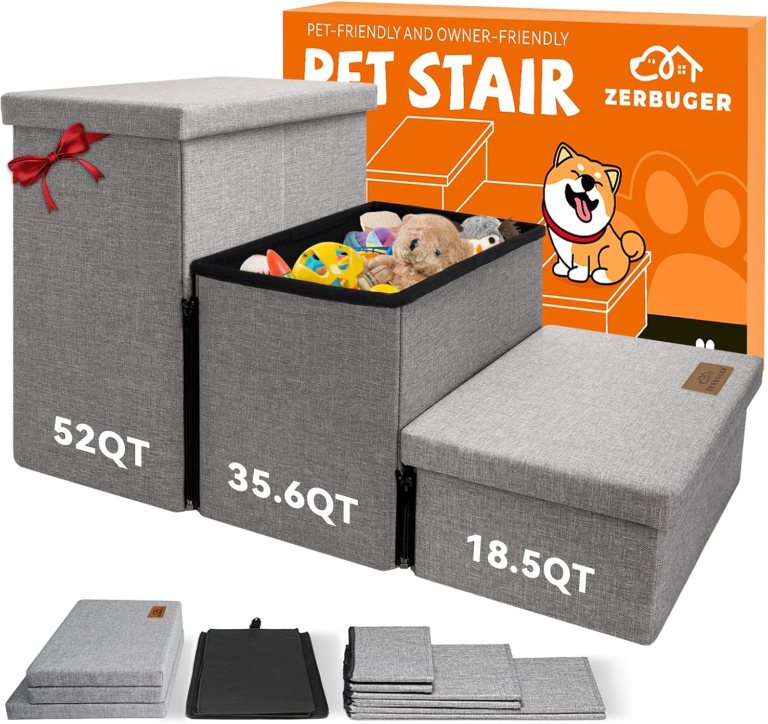 Dog Stairs with Storage 18″ H, 3-Step Wider Dog Steps for Large/Medium/Small Older Dogs Cats, Folding Sturdy Pet Stairs Climbing Bed or Couch, Ramp for Car Up to 200 lbs, Smok Gray, No Condo Dog Stairs with Storage 18″ H, 3-Step Wider Dog Steps for Large/Medium/Small Older Dogs Cats, Folding Sturdy Pet Stairs Climbing Bed or Couch, Ramp for Car Up to 200 lbs, Smok Gray, No Condo