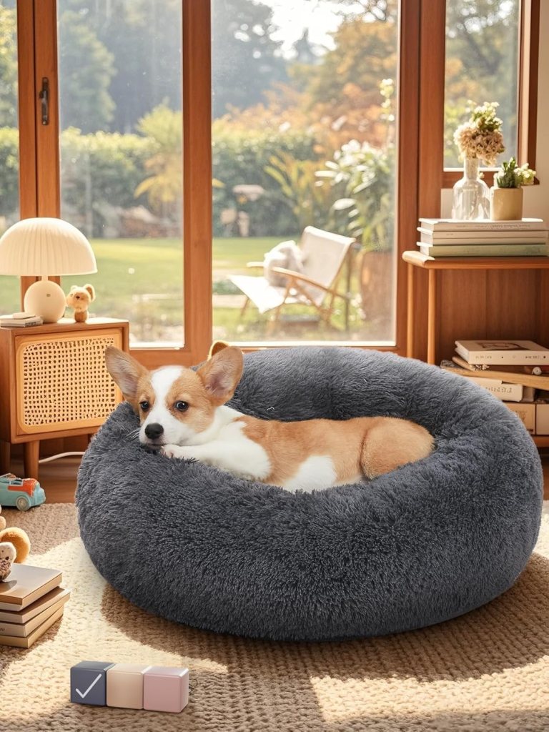 OhGeni Calming Donut Dog Bed Pillow for Small Medium Pets, Machine Washable Removable Cover, Comfort Plush Fluffy Faux Fur with Anti-Slip Bottom, Cats-Friendly Round Cuddly Design, Gray, 23 inches OhGeni Calming Donut Dog Bed Pillow for Small Medium Pets, Machine Washable Removable Cover, Comfort Plush Fluffy Faux Fur with Anti-Slip Bottom, Cats-Friendly Round Cuddly Design, Gray, 23 inches