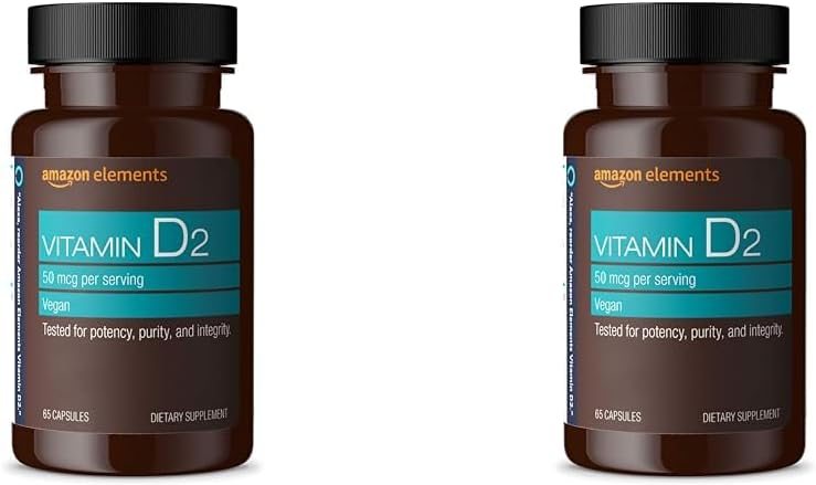 Amazon Elements Vitamin D2 2000 IU, Vegan, 65 Capsules, Supports Strong Bones and Immune Health, 2 Month Supply (Packaging May Vary) (Pack of 2) Amazon Elements Vitamin D2 2000 IU, Vegan, 65 Capsules, Supports Strong Bones and Immune Health, 2 Month Supply (Packaging May Vary) (Pack of 2)