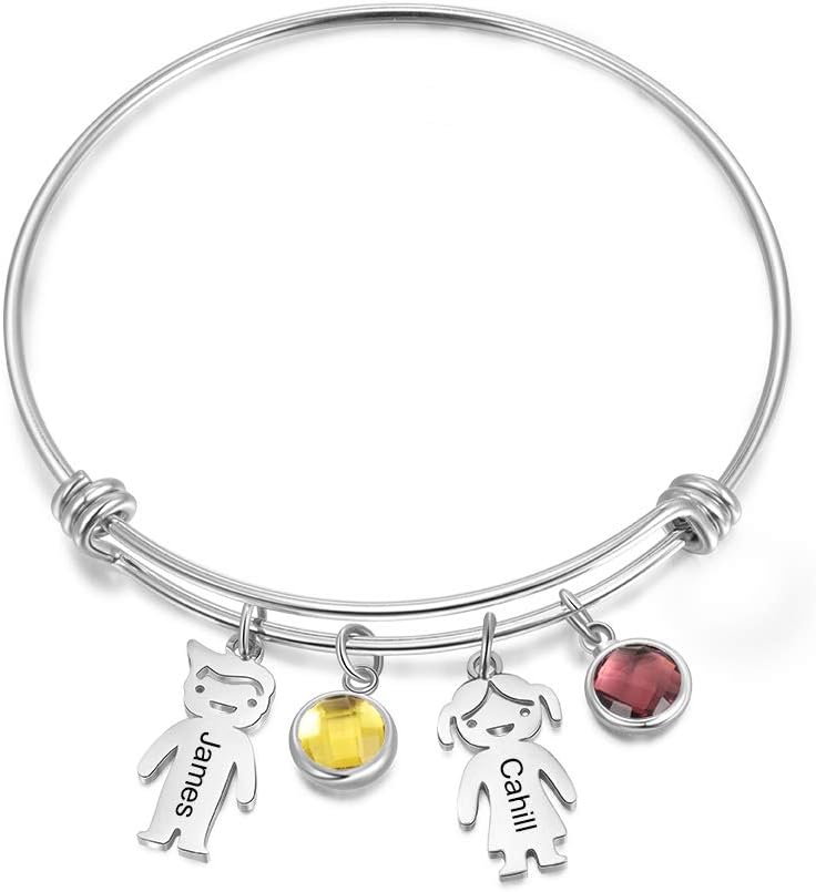 Personalized Bangle Bracelet with Charms Custom Names Mother Daughter Jewelry with Simulated Birthstone Family Presents Personalized Bangle Bracelet with Charms Custom Names Mother Daughter Jewelry with Simulated Birthstone Family Presents