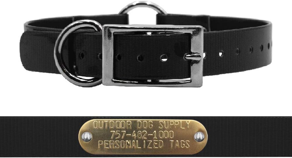 Outdoor Dog Supply’s 1″ Wide Solid Ring in Center Dog Collar Strap with Custom Brass Name Plate (18″ Long, Black) Outdoor Dog Supply’s 1″ Wide Solid Ring in Center Dog Collar Strap with Custom Brass Name Plate (18″ Long, Black)