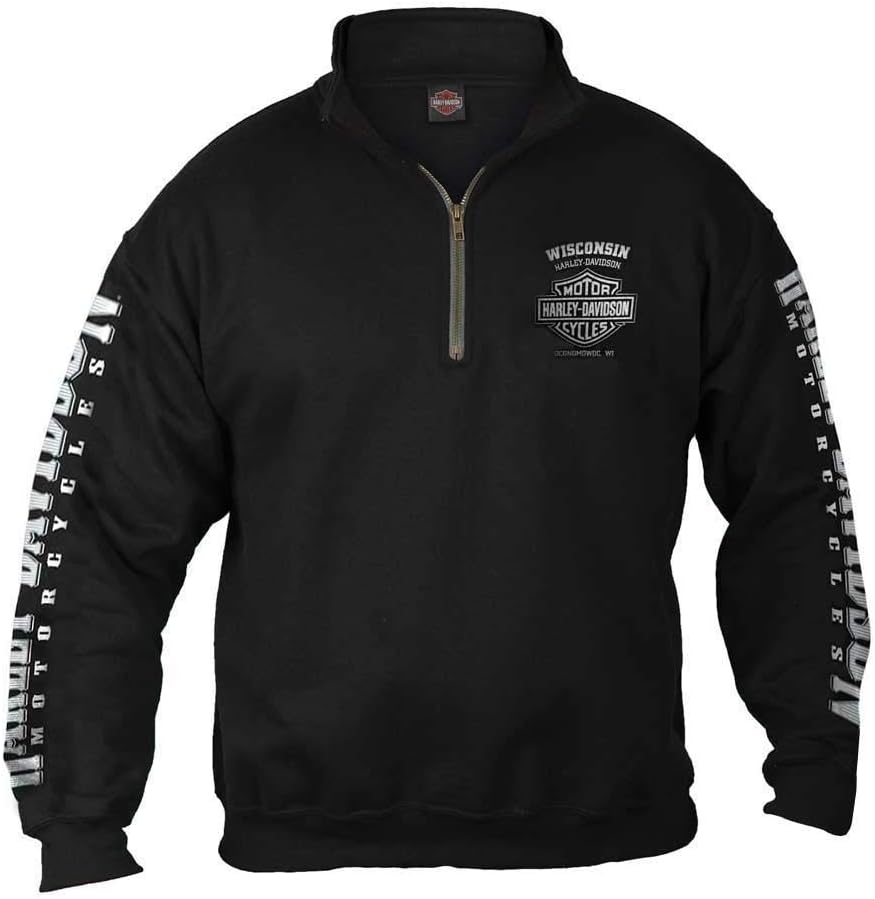 Harley-Davidson Men’s Lightning Crest 1/4 Zip Cadet Pullover Sweatshirt, Black Harley-Davidson Men’s Lightning Crest 1/4 Zip Cadet Pullover Sweatshirt, Black