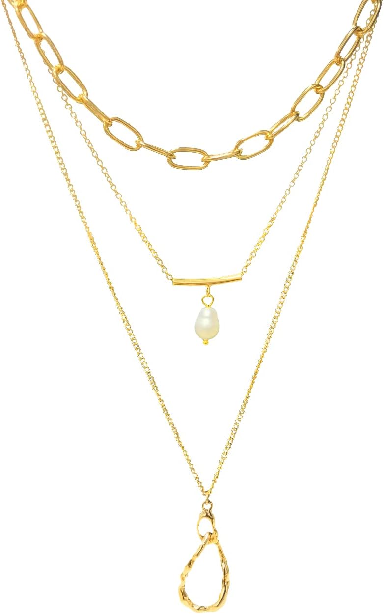 Female Triple Layered Necklace with Freshwater Baroque Pearl and Irregular Oval Metal Pendant, Toggle Choker, Minimalist Style Jewelry Gift for Women Female Triple Layered Necklace with Freshwater Baroque Pearl and Irregular Oval Metal Pendant, Toggle Choker, Minimalist Style Jewelry Gift for Women