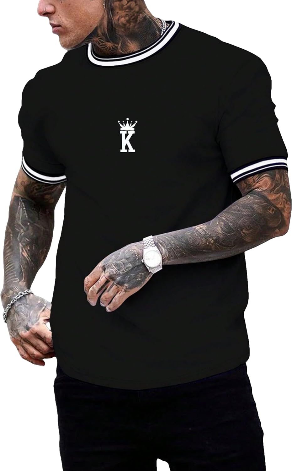 SOLY HUX Men’s Crown Letter Print Striped Trim Tee Tops Short Sleeve Crew Neck Summer T Shirt SOLY HUX Men’s Crown Letter Print Striped Trim Tee Tops Short Sleeve Crew Neck Summer T Shirt