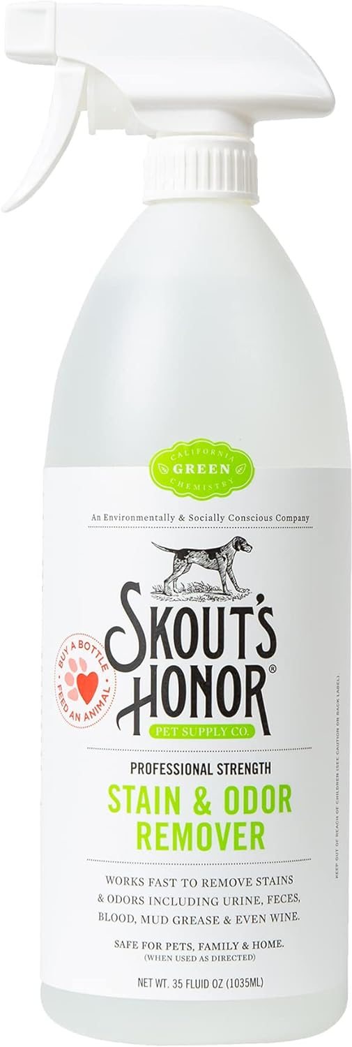 Skout’s Honor: Professional Strength Stain and Odor Remover – Deodorize and Clean Pet Stains, Dog Crates, Carpets, Furniture and Other Water-Safe Surfaces – Laundry Safe – 35 oz. Trigger Spray Bottle Skout’s Honor: Professional Strength Stain and Odor Remover – Deodorize and Clean Pet Stains, Dog Crates, Carpets, Furniture and Other Water-Safe Surfaces – Laundry Safe – 35 oz. Trigger Spray Bottle