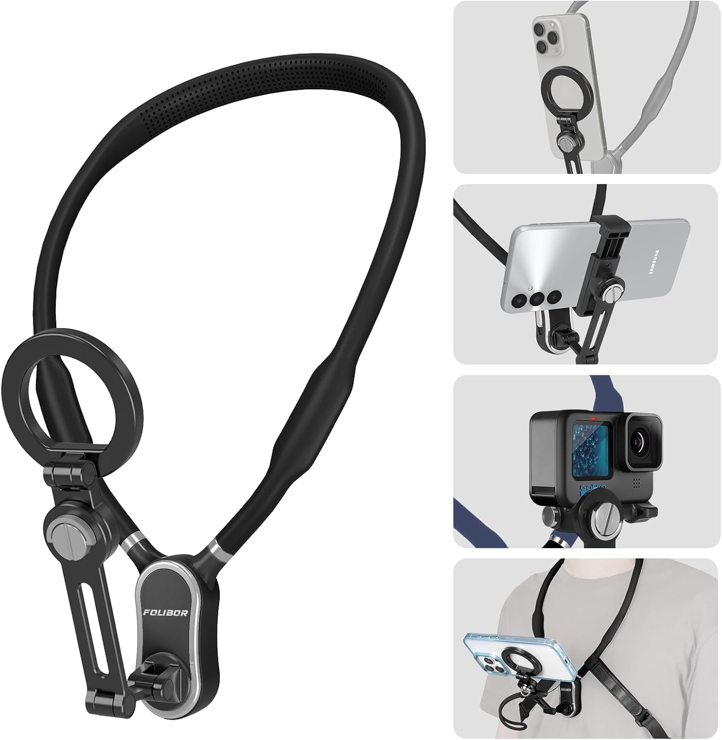 Magnetic Neck Phone Holder, 4 in 1 Neck Mount for Phones Action Camera Gopro, Hand Free Cell Phone Neck Holder for Recording POV/Vlog Video Selfie, Neck Tripod for iPhone, GoPro, Android Phones Black Magnetic Neck Phone Holder, 4 in 1 Neck Mount for Phones Action Camera Gopro, Hand Free Cell Phone Neck Holder for Recording POV/Vlog Video Selfie, Neck Tripod for iPhone, GoPro, Android Phones Black