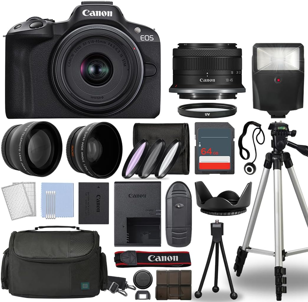 Canon EOS R50 Mirrorless Digital Camera Body Black with Canon RF-S 18-45mm f/4.5-6.3 IS STM Lens 3 Lens Kit & Complete Accessory Bundle + 64GB + Flash & More – International Model (Renewed) Canon EOS R50 Mirrorless Digital Camera Body Black with Canon RF-S 18-45mm f/4.5-6.3 IS STM Lens 3 Lens Kit & Complete Accessory Bundle + 64GB + Flash & More – International Model (Renewed)