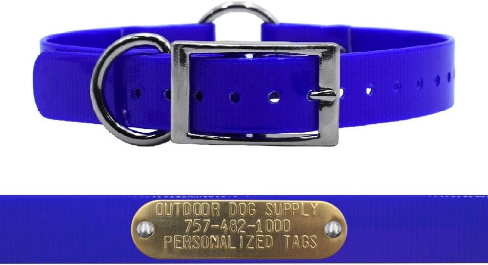 Outdoor Dog Supply’s 1″ Wide Solid Ring in Center Dog Collar Strap with Custom Brass Name Plate (18″ Long, Dark Blue) Outdoor Dog Supply’s 1″ Wide Solid Ring in Center Dog Collar Strap with Custom Brass Name Plate (18″ Long, Dark Blue)