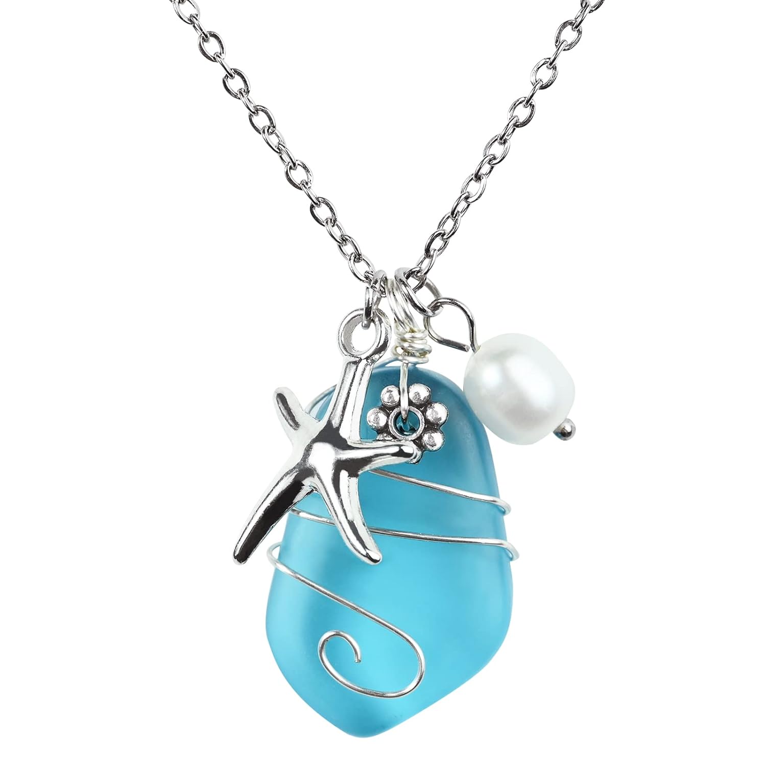 Sea Glass Necklace, Wire Wrapped Beach Necklaces with Starfish Pendant, Freshwater Pearls, Sea Glass Jewelry, Handmade Necklaces Gift for Women Girls Sea Glass Necklace, Wire Wrapped Beach Necklaces with Starfish Pendant, Freshwater Pearls, Sea Glass Jewelry, Handmade Necklaces Gift for Women Girls