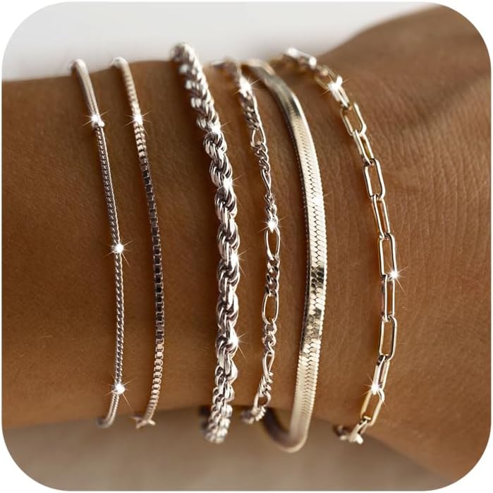 DEARMAY Dainty Silver Bracelets for Women Trendy, 925 Sterling Silver Jewelry Set for Women Bracelets for Women Paperclip Box Herringbone Figaro Rope Chain Bracelet Fashion Pack Gifts for Women DEARMAY Dainty Silver Bracelets for Women Trendy, 925 Sterling Silver Jewelry Set for Women Bracelets for Women Paperclip Box Herringbone Figaro Rope Chain Bracelet Fashion Pack Gifts for Women