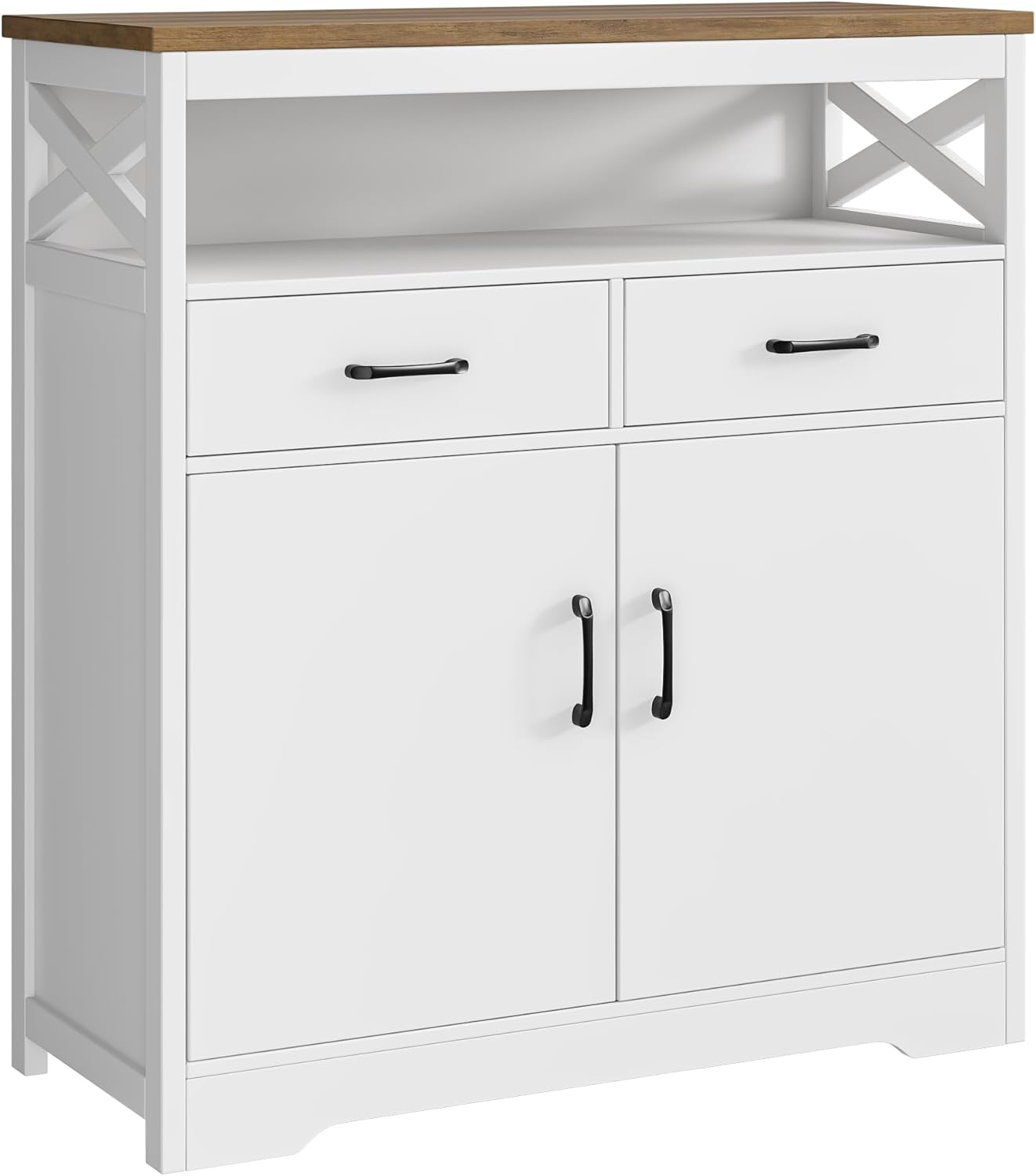HOSTACK Modern Farmhouse Buffet Sideboard, Kitchen Storage Cabinet with Shelves and Doors, Wood Buffet Cabinet with Drawers, Coffee Bar, Floor Cabinet Cupboard for Living Room, White+Rustic Brown HOSTACK Modern Farmhouse Buffet Sideboard, Kitchen Storage Cabinet with Shelves and Doors, Wood Buffet Cabinet with Drawers, Coffee Bar, Floor Cabinet Cupboard for Living Room, White+Rustic Brown