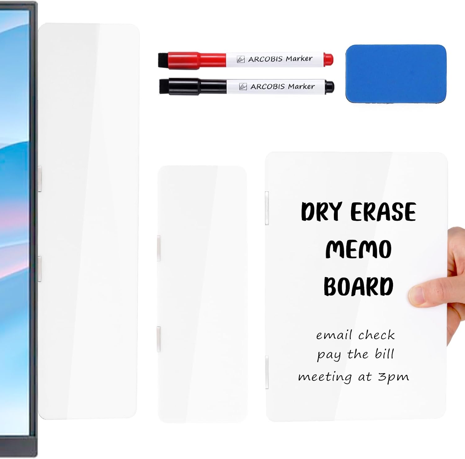 ARCOBIS Acrylic Dry Erase White Board with Side Magnets, 3 Pcs Magnetic Memo Whiteboard with 2 Markers and 1 Eraser, Removable to-Do List Board for Computer Monitor, Refrigerator, Desk ARCOBIS Acrylic Dry Erase White Board with Side Magnets, 3 Pcs Magnetic Memo Whiteboard with 2 Markers and 1 Eraser, Removable to-Do List Board for Computer Monitor, Refrigerator, Desk