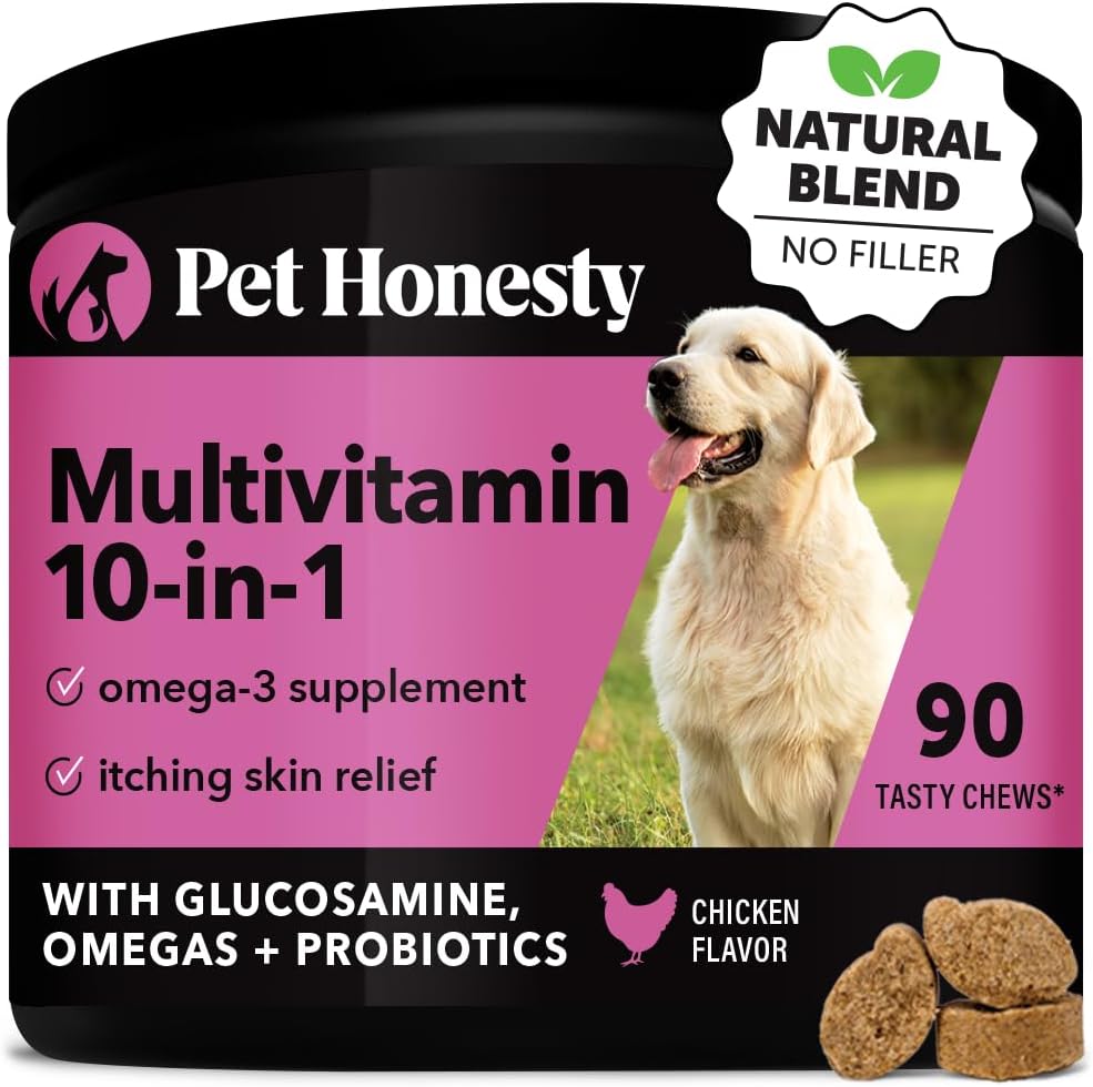 Pet Honesty Multivitamin Dog Supplement, Glucosamine chondroitin for Dogs, Probiotics, Omega Fish Oil, Dog Supplements & Vitamins, Dog Vitamins for Skin and Coat Allergies, (Chicken 90 ct) Pet Honesty Multivitamin Dog Supplement, Glucosamine chondroitin for Dogs, Probiotics, Omega Fish Oil, Dog Supplements & Vitamins, Dog Vitamins for Skin and Coat Allergies, (Chicken 90 ct)