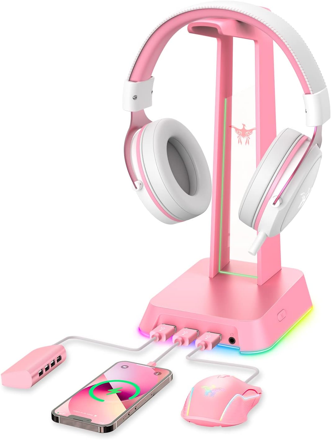 RGB Headphone Stand with 3.5mm AUX and 3 Port USB 2.0 Hub, Universal Gaming Headset Hanger Holder for Computer Gaming Gamer Accessories (Pink) RGB Headphone Stand with 3.5mm AUX and 3 Port USB 2.0 Hub, Universal Gaming Headset Hanger Holder for Computer Gaming Gamer Accessories (Pink)