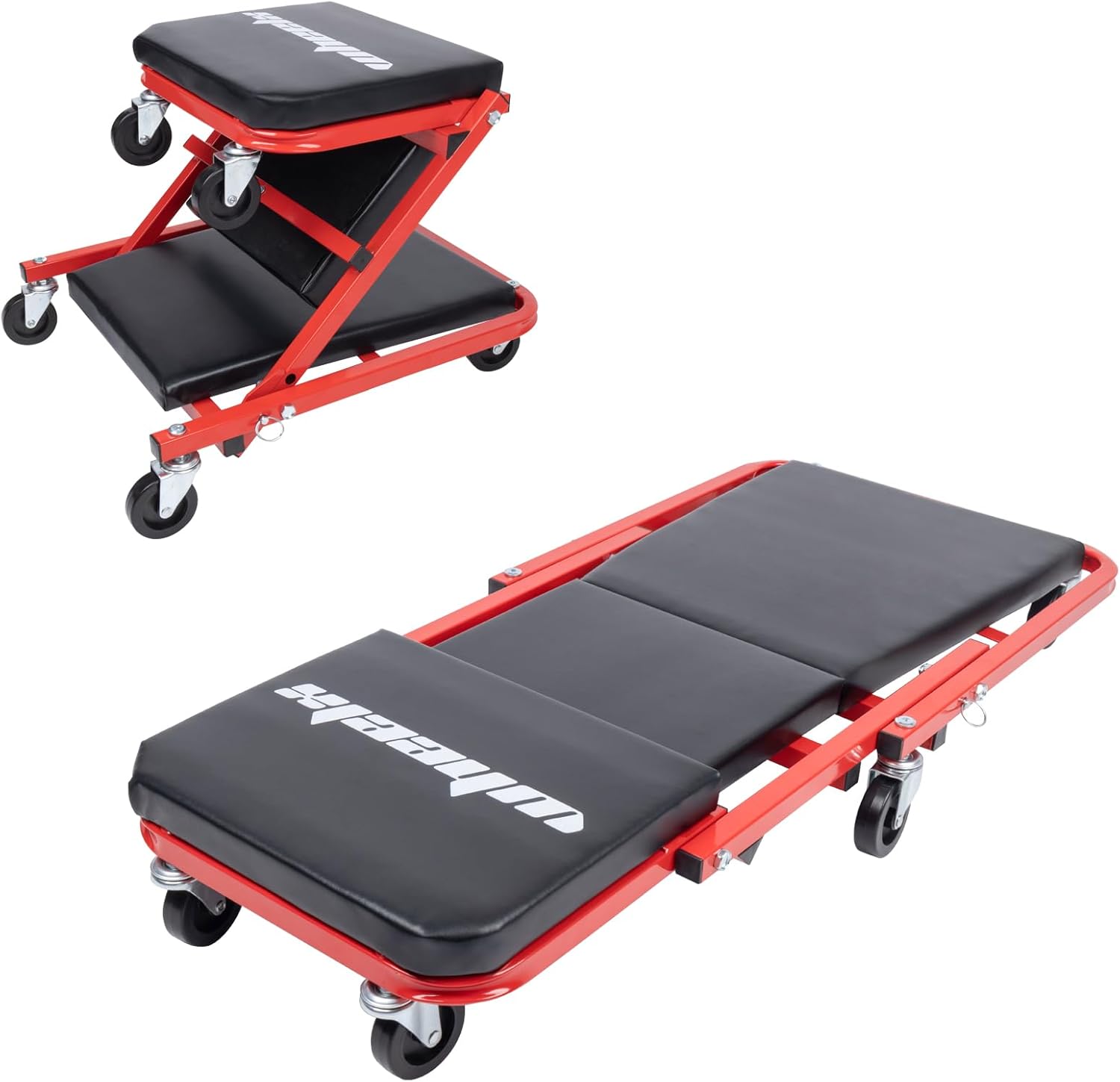 Mechanic Creeper 36 Inches 2-in-1 Z Seat 340 lbs Capacity, Foldable Garage Chair Adjustable Rolling Folding with 6 pcs Wheels Roller, Lay Down or Sit, Under Car, Shop, Auto Repair Red Black Mechanic Creeper 36 Inches 2-in-1 Z Seat 340 lbs Capacity, Foldable Garage Chair Adjustable Rolling Folding with 6 pcs Wheels Roller, Lay Down or Sit, Under Car, Shop, Auto Repair Red Black