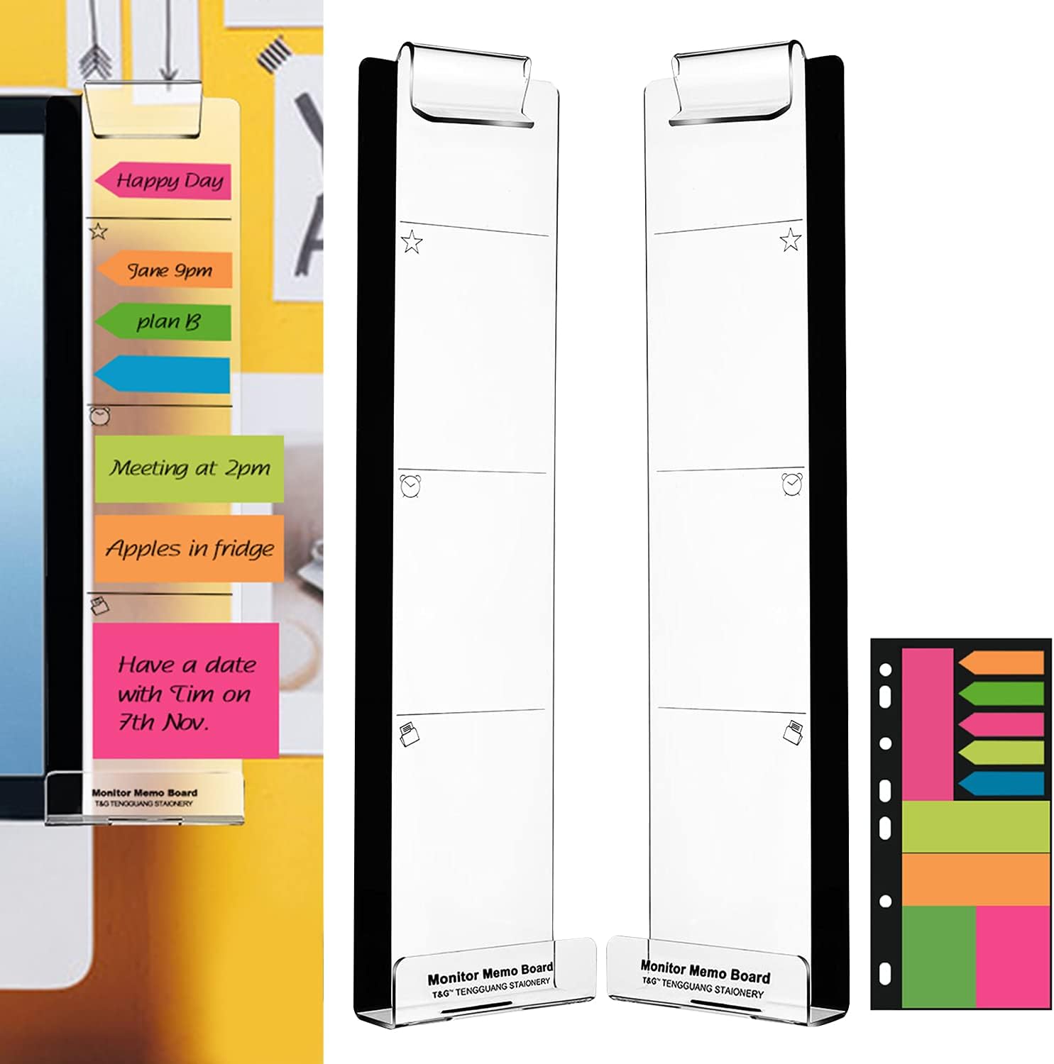 Monitor Memo Boards for Computer, Set of 2 (Left & Right) Multifunction Acrylic Screen Message Reminder Pad Side Panels Phone Holder – Utility Organizer for Office Desktop, Gift of 1 Pack Sticky Notes Monitor Memo Boards for Computer, Set of 2 (Left & Right) Multifunction Acrylic Screen Message Reminder Pad Side Panels Phone Holder – Utility Organizer for Office Desktop, Gift of 1 Pack Sticky Notes