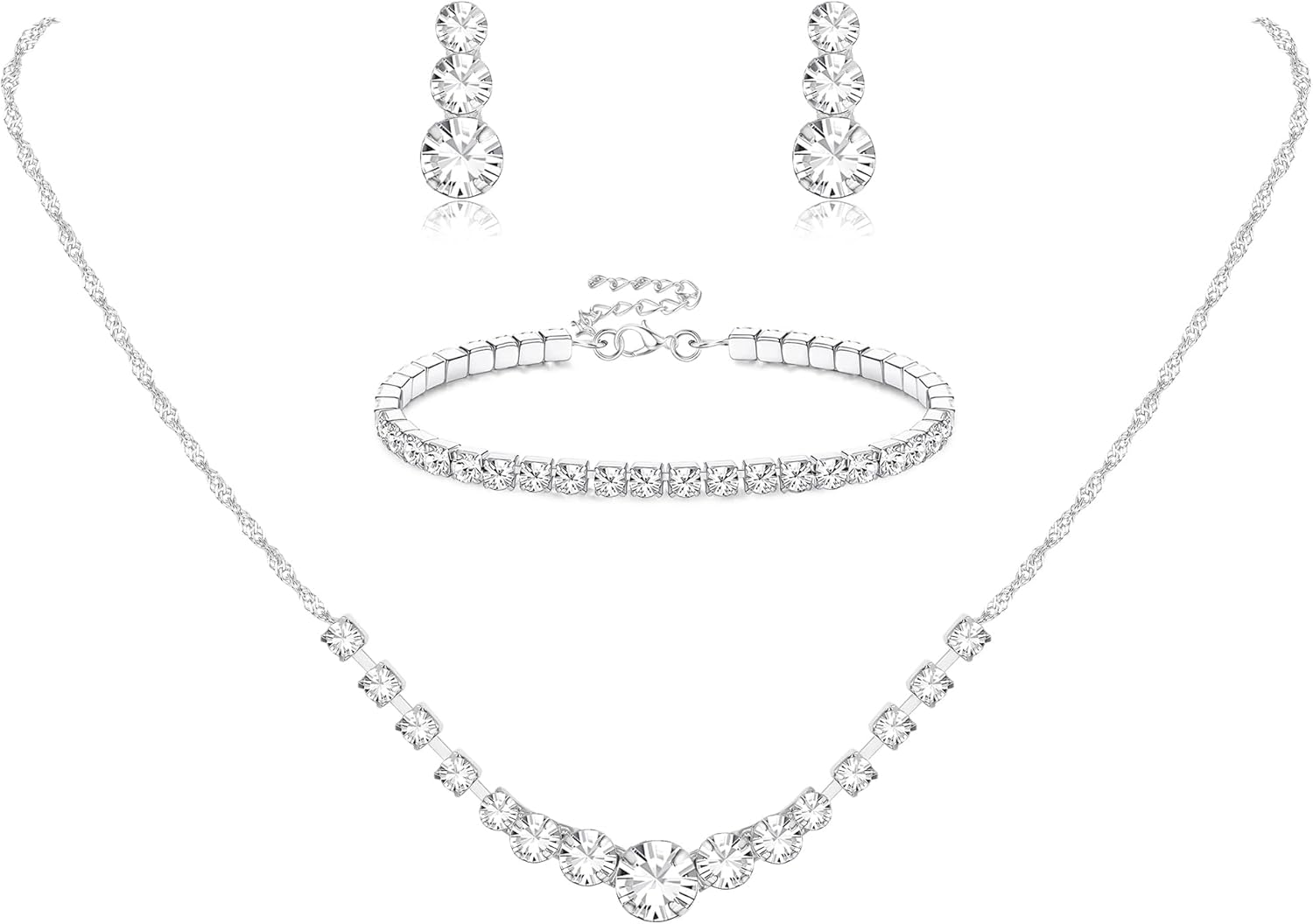 Jstyle Silver Jewelry Set for Women Rhinestone Crystal Necklace Drop Earrings Link Bangle Bracelet Bridal Wedding Jewelry Sets for Brides Bridemaid Prom Costume Accessories Jstyle Silver Jewelry Set for Women Rhinestone Crystal Necklace Drop Earrings Link Bangle Bracelet Bridal Wedding Jewelry Sets for Brides Bridemaid Prom Costume Accessories