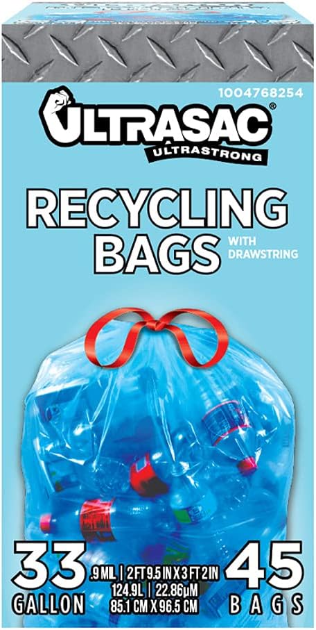 Ultrasac Blue Recycling Bags 33 Gallon 0.9 MIL, 33.5″ x 38″ – Pack of 45 – For Recycling, Kitchen, Industrial, & Commercial Ultrasac Blue Recycling Bags 33 Gallon 0.9 MIL, 33.5″ x 38″ – Pack of 45 – For Recycling, Kitchen, Industrial, & Commercial