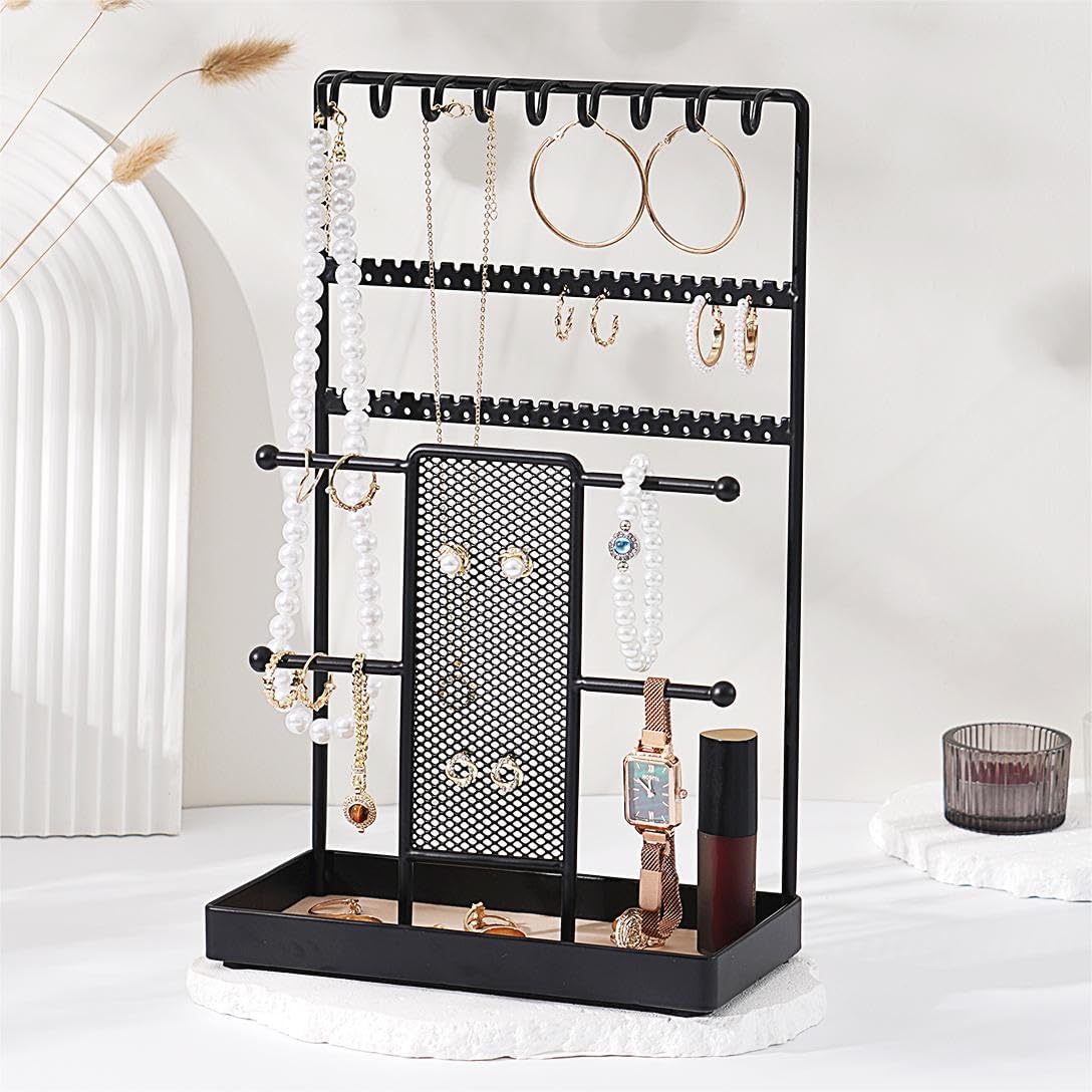 Jewelry Stand with Velvet, 9 Hook Necklaces Storage and Earring Organizer Net, 4 Handing Bar for Bracelets, Watches, Rings – Black Jewelry Stand with Velvet, 9 Hook Necklaces Storage and Earring Organizer Net, 4 Handing Bar for Bracelets, Watches, Rings – Black