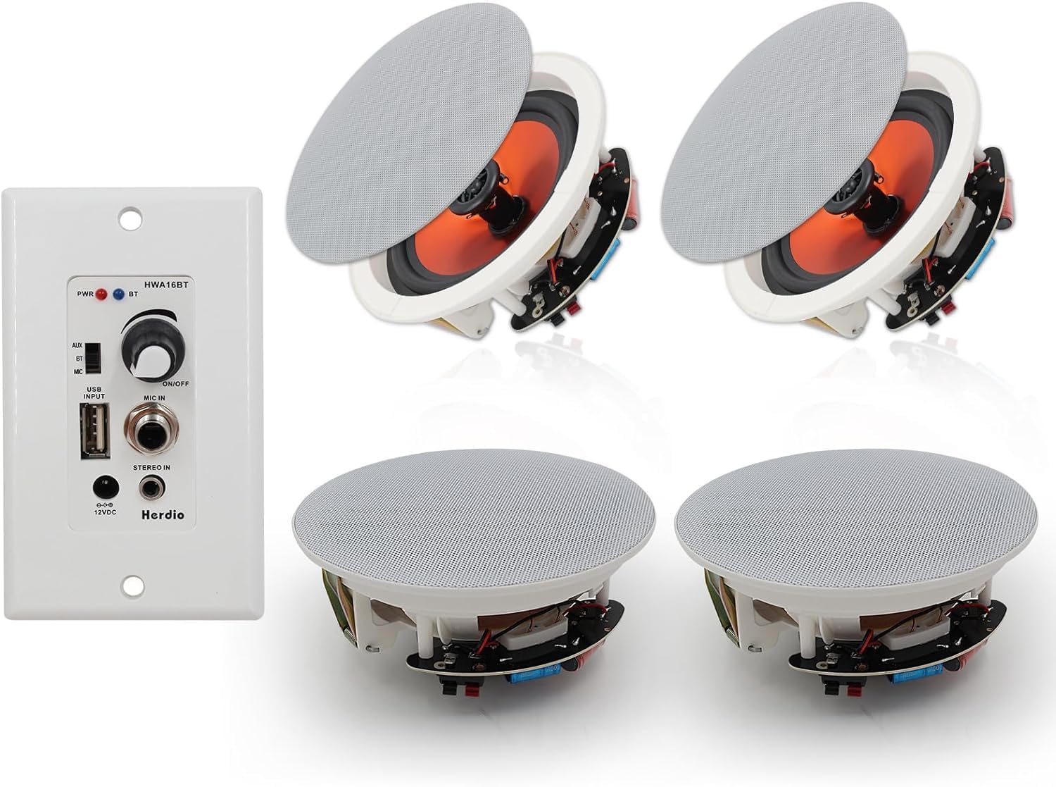 Herdio 6.5” Bluetooth in Wall in Ceiling Speakers 600W 2-Way Flush Mount Speakers System with Wall Amplifier Receiver for Home Theater Office Bathroom(2Pairs, Paintable-Grille) Herdio 6.5” Bluetooth in Wall in Ceiling Speakers 600W 2-Way Flush Mount Speakers System with Wall Amplifier Receiver for Home Theater Office Bathroom(2Pairs, Paintable-Grille)