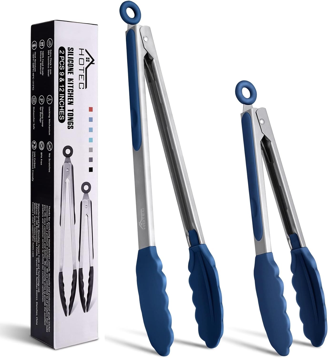HOTEC Premium Stainless Steel Locking Kitchen Tongs with Silicon Tips, Set of 2-9″ and 12″, Classic Blue HOTEC Premium Stainless Steel Locking Kitchen Tongs with Silicon Tips, Set of 2-9″ and 12″, Classic Blue