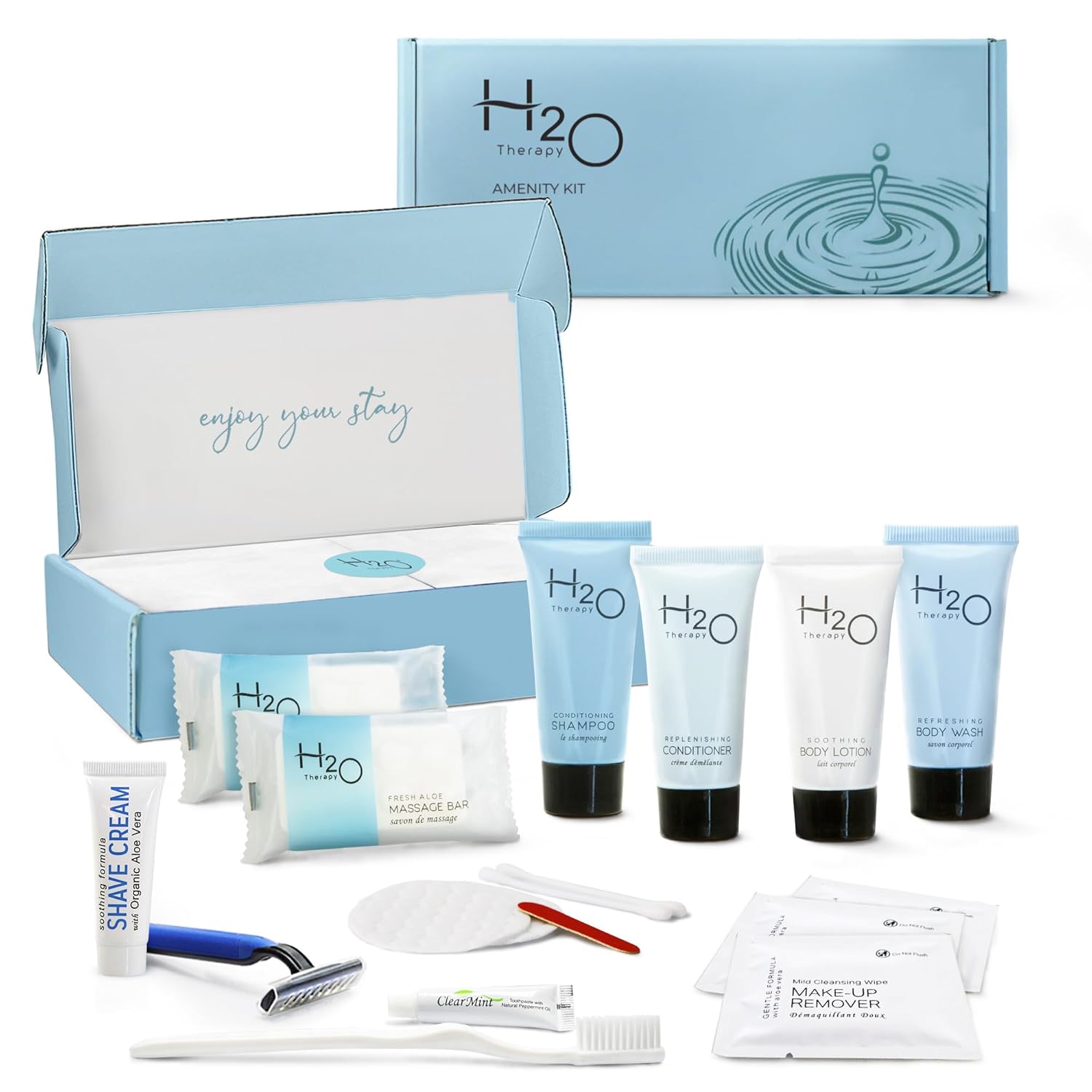 H2O Therapy Amenity & Accessory Kit | 0.85 oz Travel Size Shampoo, Conditioner, Lotion, Body Wash, Massage Bar, Cleansing Bar, Shave & Dental Sets, Make-Up Remover Wipes, & Vanity Kit | 1 set per case H2O Therapy Amenity & Accessory Kit | 0.85 oz Travel Size Shampoo, Conditioner, Lotion, Body Wash, Massage Bar, Cleansing Bar, Shave & Dental Sets, Make-Up Remover Wipes, & Vanity Kit | 1 set per case