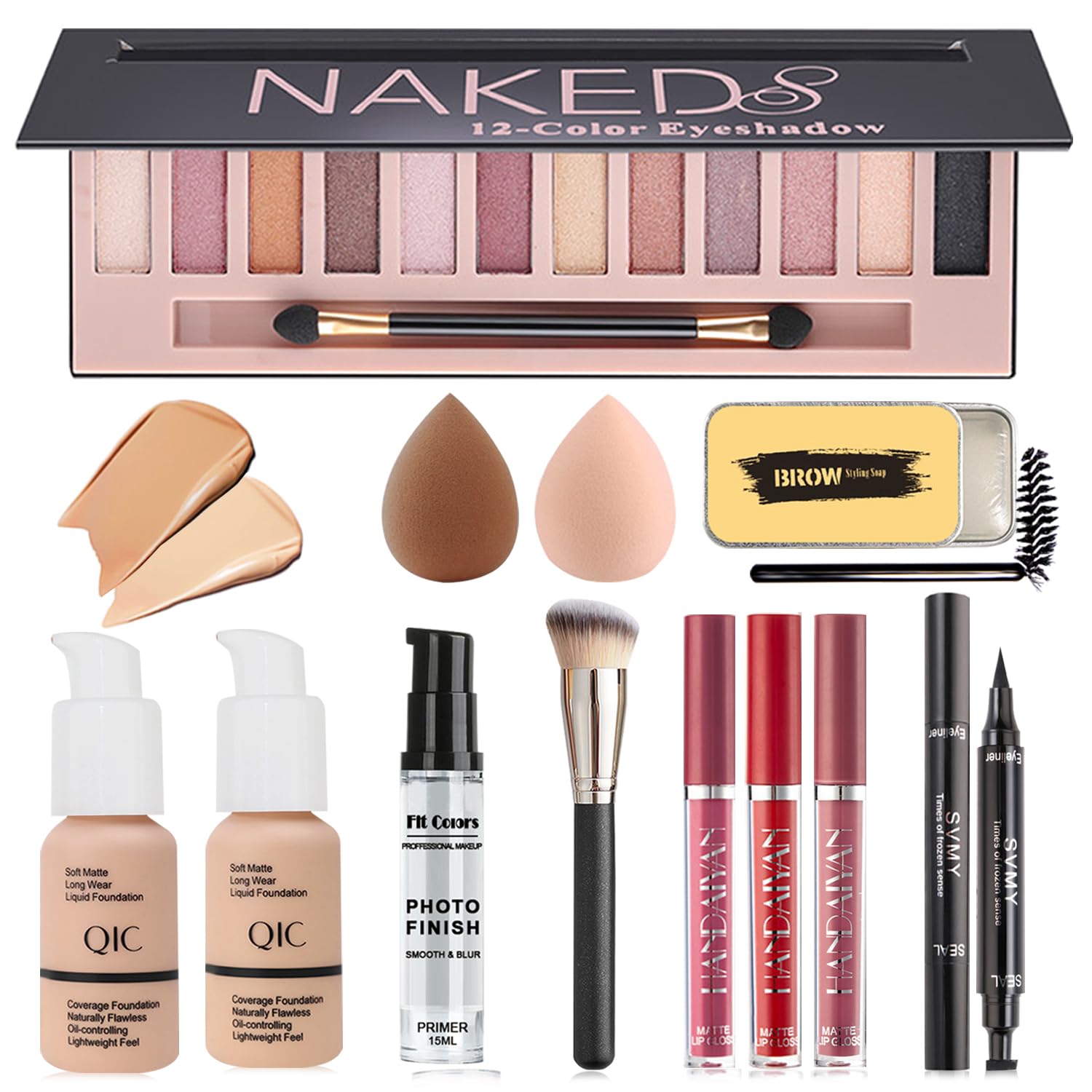 All in One Makeup Kit,Includes 12 Colors Eyeshadow Palette,Foundation,Face Primer, Lipstick Set,Eyebrow Soap Kit,Winged Eyeliner Stamp,Waterproof Mascara,Makeup Brush,Makeup Sponge,Gift Set for Women All in One Makeup Kit,Includes 12 Colors Eyeshadow Palette,Foundation,Face Primer, Lipstick Set,Eyebrow Soap Kit,Winged Eyeliner Stamp,Waterproof Mascara,Makeup Brush,Makeup Sponge,Gift Set for Women