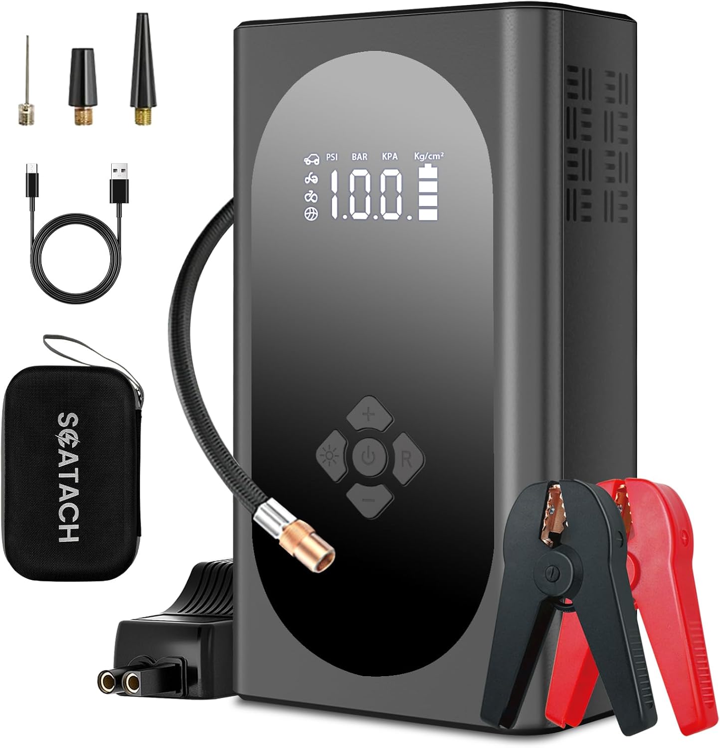 Scatach Q12 4000A 150PSI Jump Starter with Air Compressor, Jump Starter Battery Pack (Up to 9.0L Gas/7.0L Diesel), with Large Display, 3 Modes Flashlight and Jumper Cable Black Scatach Q12 4000A 150PSI Jump Starter with Air Compressor, Jump Starter Battery Pack (Up to 9.0L Gas/7.0L Diesel), with Large Display, 3 Modes Flashlight and Jumper Cable Black