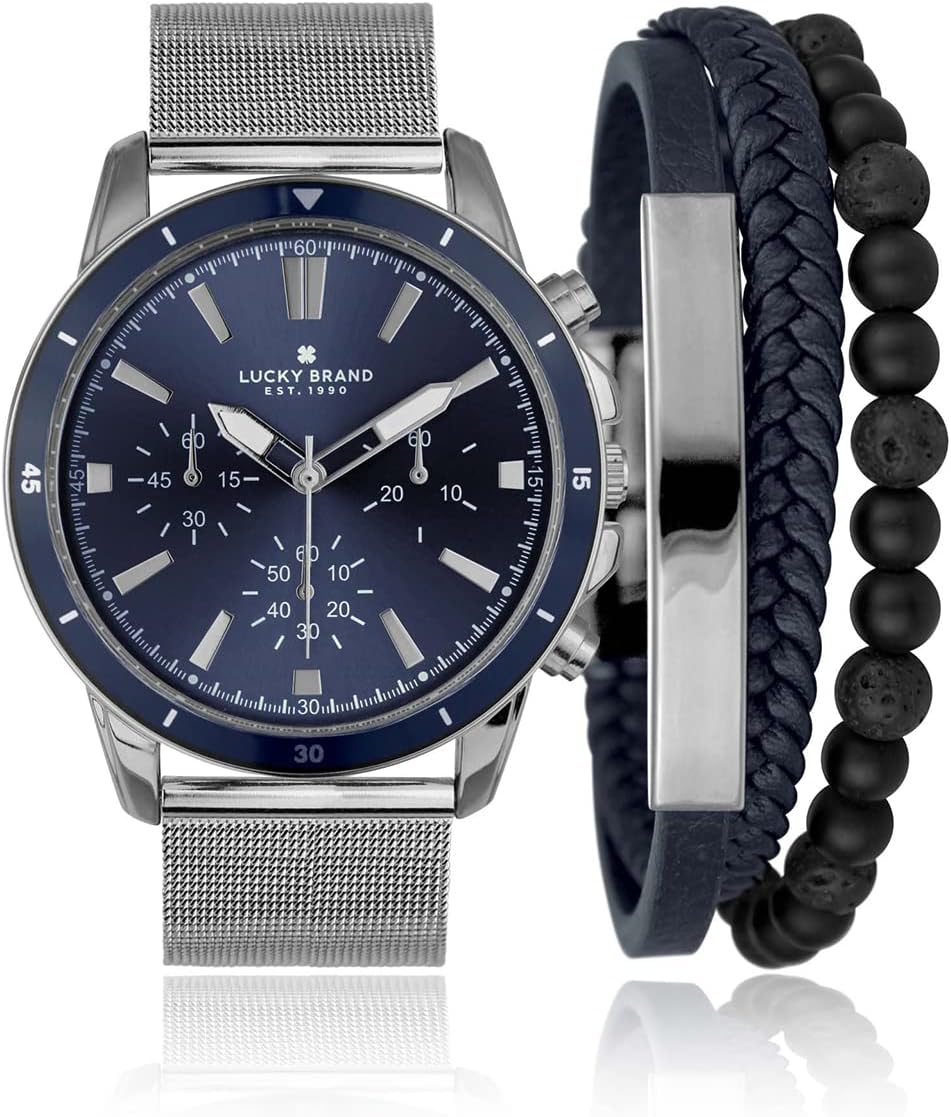 Lucky Brand Men’s Silver Watch with Mesh Band – Stylish & Elegant Timepiece for Precision and Fashion with Three Decorative Sub-Dials (Silver/Navy) Lucky Brand Men’s Silver Watch with Mesh Band – Stylish & Elegant Timepiece for Precision and Fashion with Three Decorative Sub-Dials (Silver/Navy)