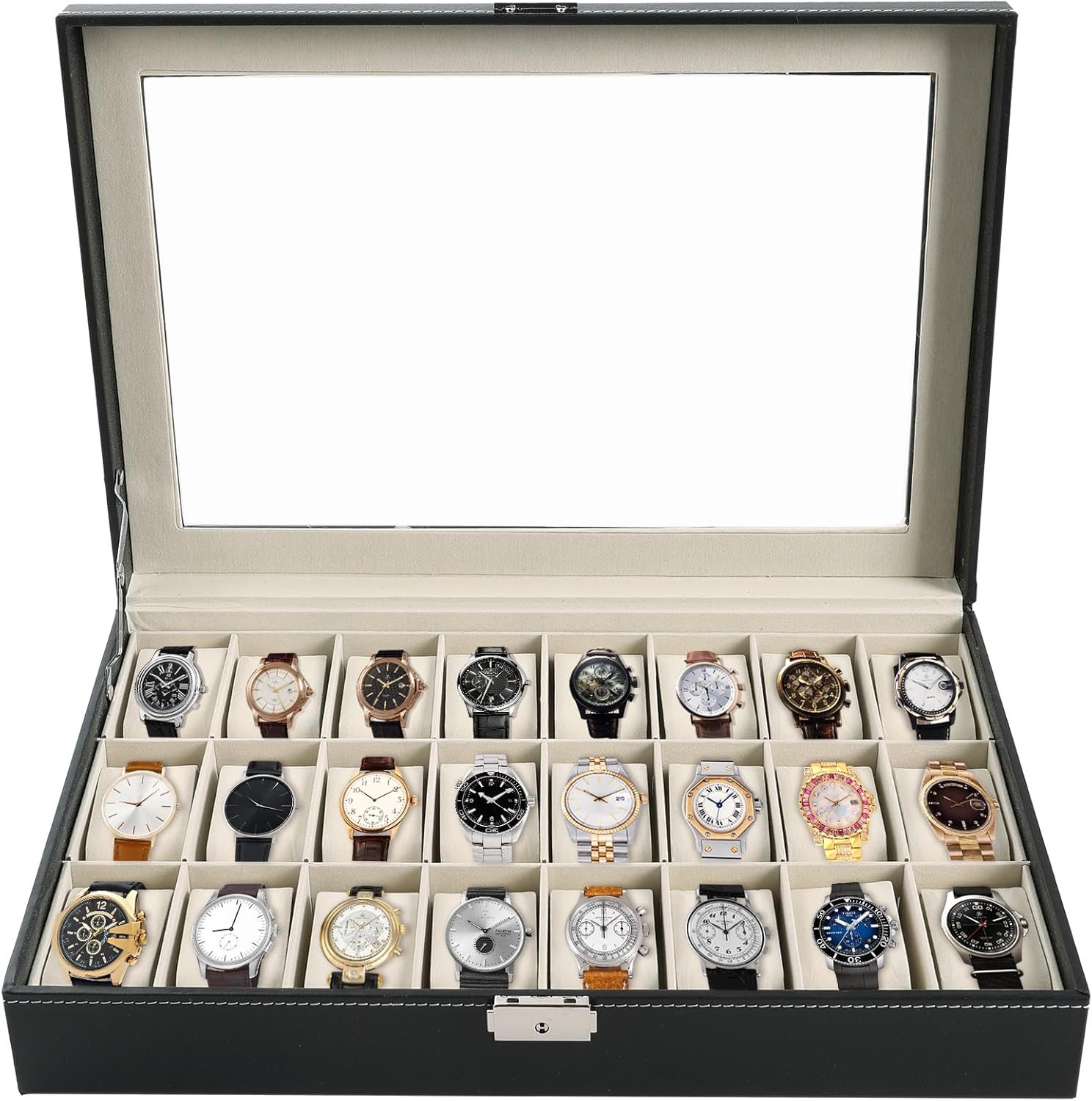 Watch Box 24 Slot Elegant Portable Black Watch Collection Box Case jewelry Men & Women Watch Box 24 Slot Elegant Portable Black Watch Collection Box Case jewelry Men & Women
