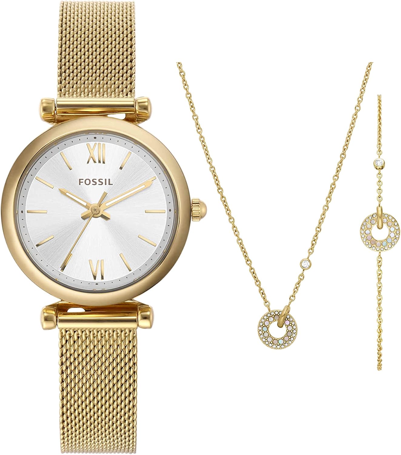 Fossil Women’s Carlie Mini Quartz Stainless Steel Mesh Watch and Necklace/Bracelet Gift Set, Color: Gold (Model: ES5251SET) Fossil Women’s Carlie Mini Quartz Stainless Steel Mesh Watch and Necklace/Bracelet Gift Set, Color: Gold (Model: ES5251SET)