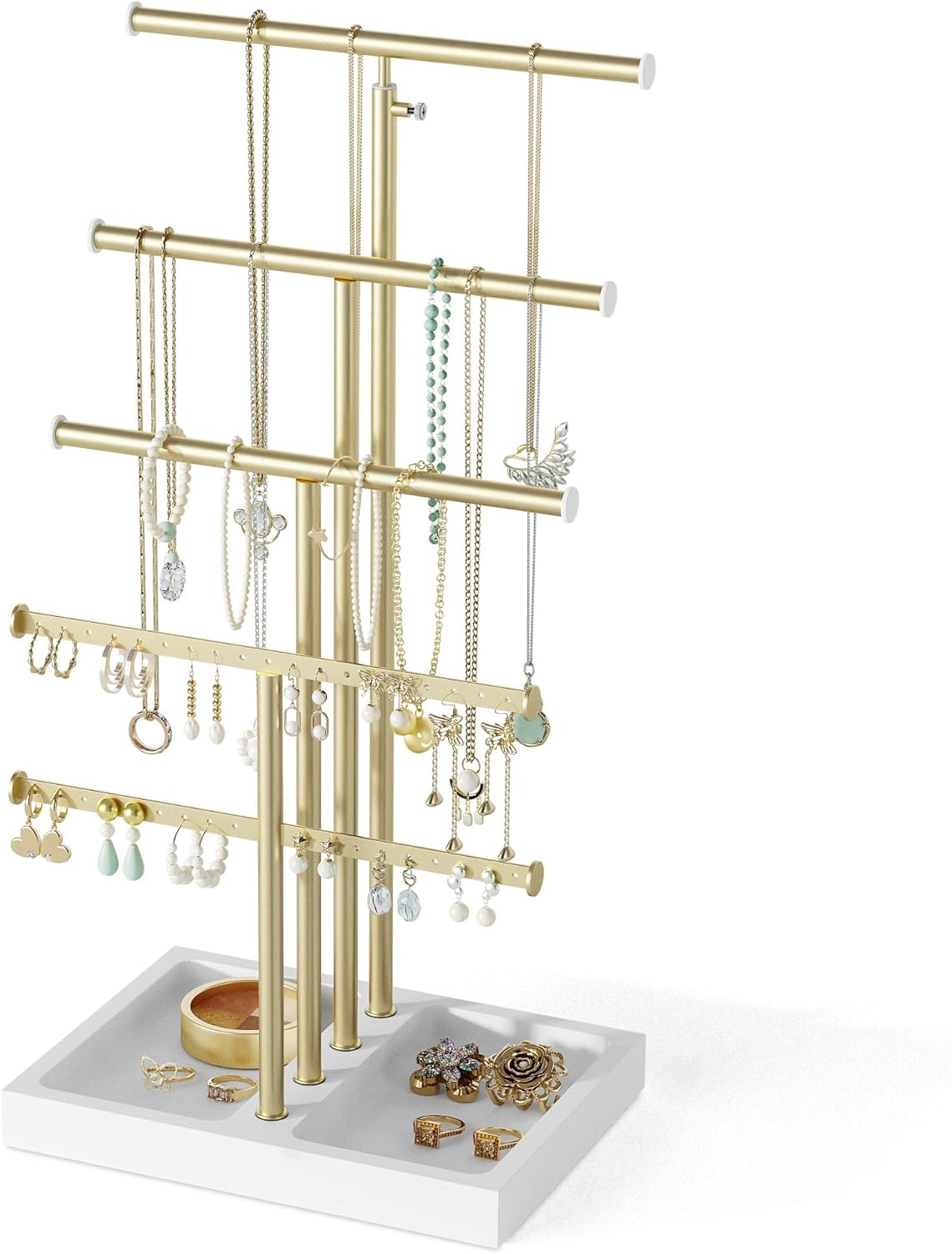Love-KANKEI Jewelry Organizer Stand,5 Tier Large Necklace Holder with Wood Base,Jewelry holder stand Tree for Display,Bracelets Earrings Rings,Height Adjustable Gift White and Gold Love-KANKEI Jewelry Organizer Stand,5 Tier Large Necklace Holder with Wood Base,Jewelry holder stand Tree for Display,Bracelets Earrings Rings,Height Adjustable Gift White and Gold