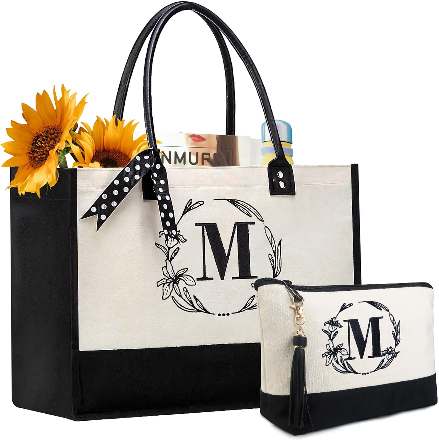 BeeGreen Initial Canvas Tote Bags Personalized Birthday Gift for Women, Embroidery Monogram with Leather Handle BeeGreen Initial Canvas Tote Bags Personalized Birthday Gift for Women, Embroidery Monogram with Leather Handle