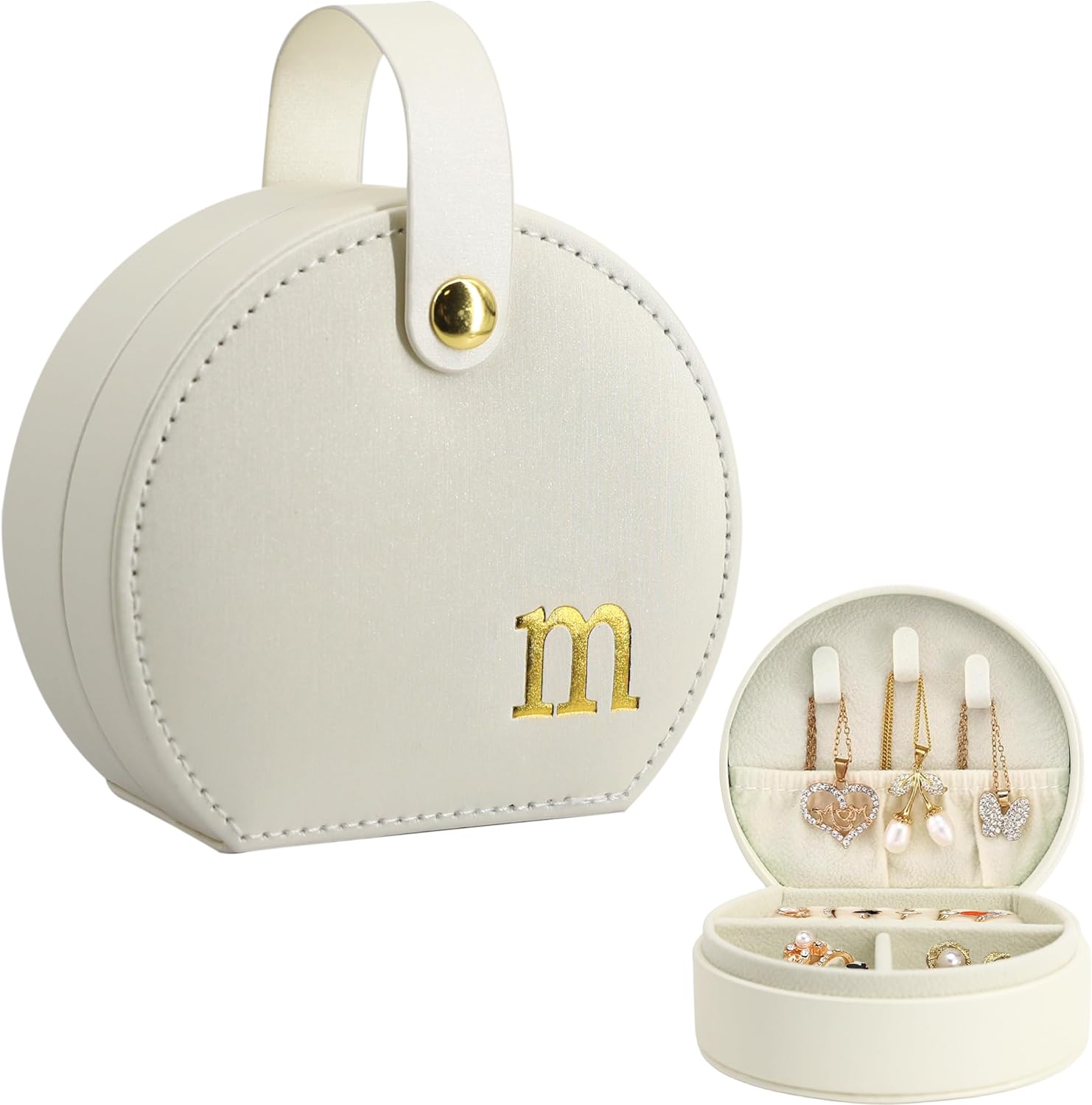 COLLECTIVE HOME – Travel Jewelry Case, Elegant Half-Moon Design with Gold Monogram, Detachable Handle, Personalized Accessory Organizer, Gift for Fashion-Forward Women and Teens (m) COLLECTIVE HOME – Travel Jewelry Case, Elegant Half-Moon Design with Gold Monogram, Detachable Handle, Personalized Accessory Organizer, Gift for Fashion-Forward Women and Teens (m)