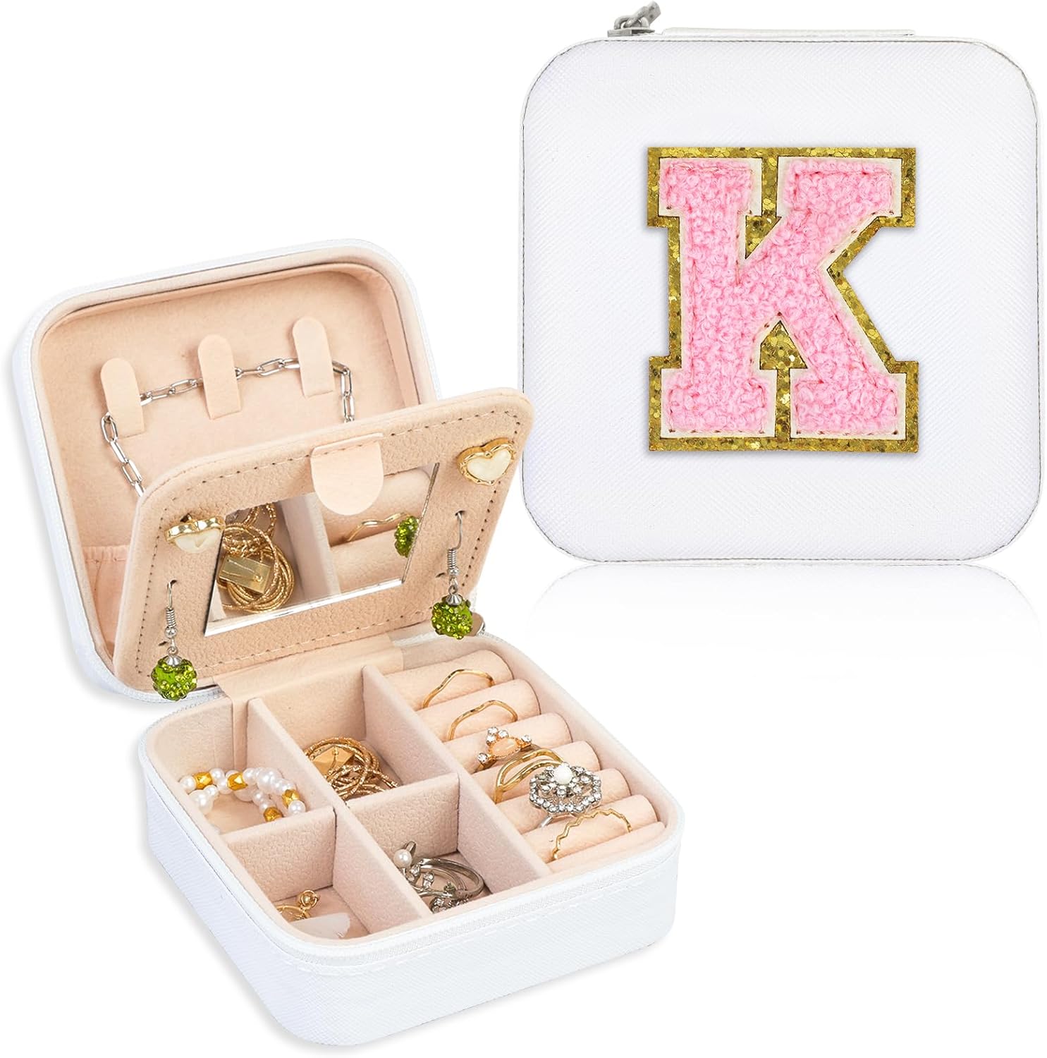 FUNARTY Travel Jewelry Case Organizer, Small Jewelry Box Jewelry Organizer, Gifts for Women Girls, Earring Jewelry Organizer Box with Mirror, White Travel Essentials Initial K FUNARTY Travel Jewelry Case Organizer, Small Jewelry Box Jewelry Organizer, Gifts for Women Girls, Earring Jewelry Organizer Box with Mirror, White Travel Essentials Initial K