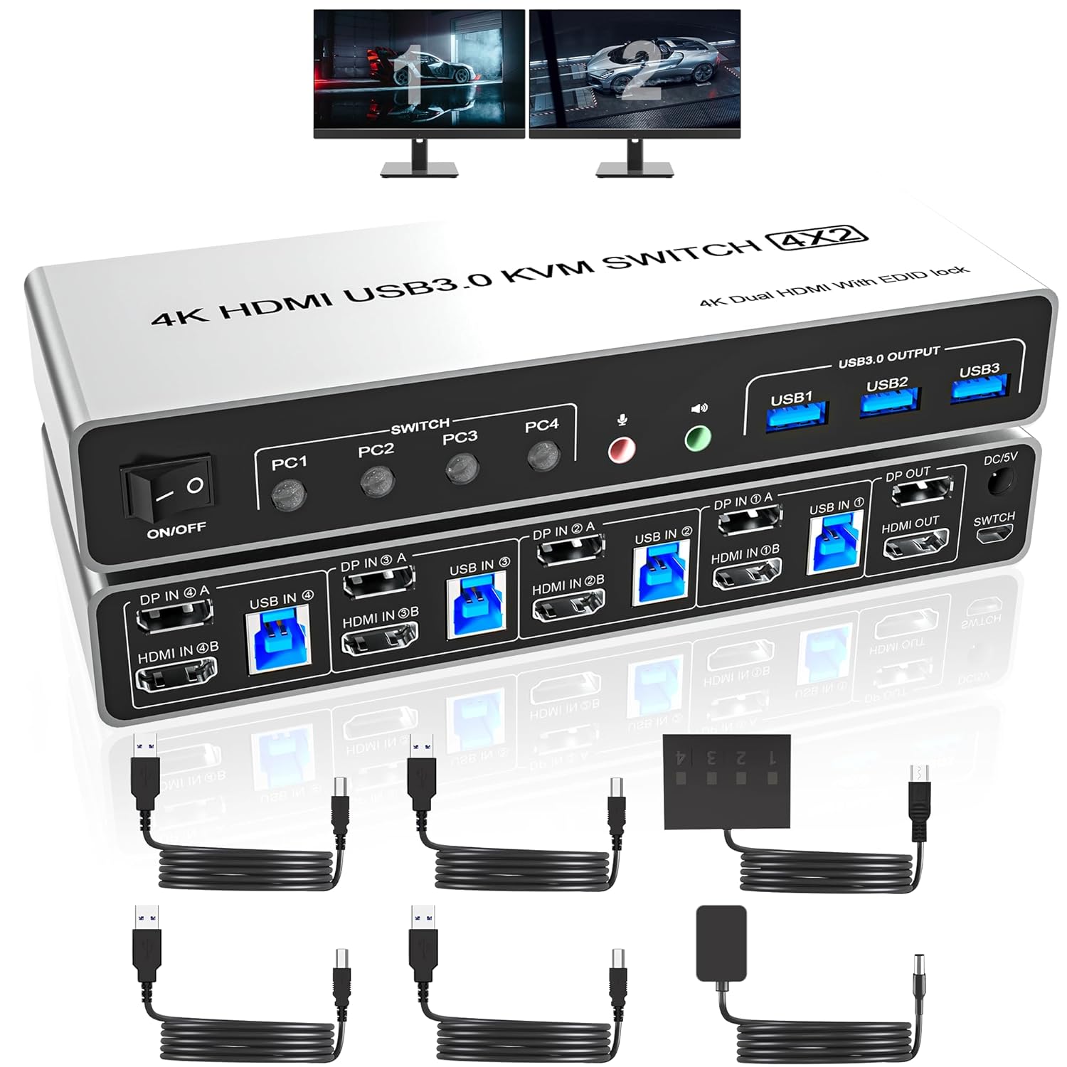 USB 3.0 Displayport+HDMI KVM Switch 2 Monitors 4 Computers, 4K@60Hz KVM Switch Dual Monitor 4 PC with 3 USB 3.0 Ports and Audio Microphone, 4 Port HDMI+DP Monitor Switch for 4 PC 2 Monitors USB 3.0 Displayport+HDMI KVM Switch 2 Monitors 4 Computers, 4K@60Hz KVM Switch Dual Monitor 4 PC with 3 USB 3.0 Ports and Audio Microphone, 4 Port HDMI+DP Monitor Switch for 4 PC 2 Monitors