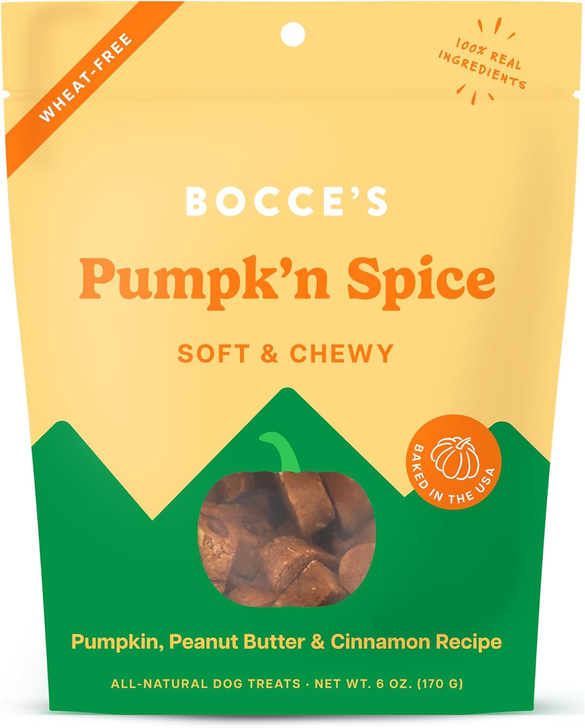 Bocce’s Bakery Pumpk’n Spice Treats for Dogs, Wheat-Free Everyday Dog Treats, Made with Real Ingredients, Baked in The USA, All-Natural Soft & Chewy Cookies, Pumpkin, Peanut Butter, & Cinnamon, 6 oz Bocce’s Bakery Pumpk’n Spice Treats for Dogs, Wheat-Free Everyday Dog Treats, Made with Real Ingredients, Baked in The USA, All-Natural Soft & Chewy Cookies, Pumpkin, Peanut Butter, & Cinnamon, 6 oz