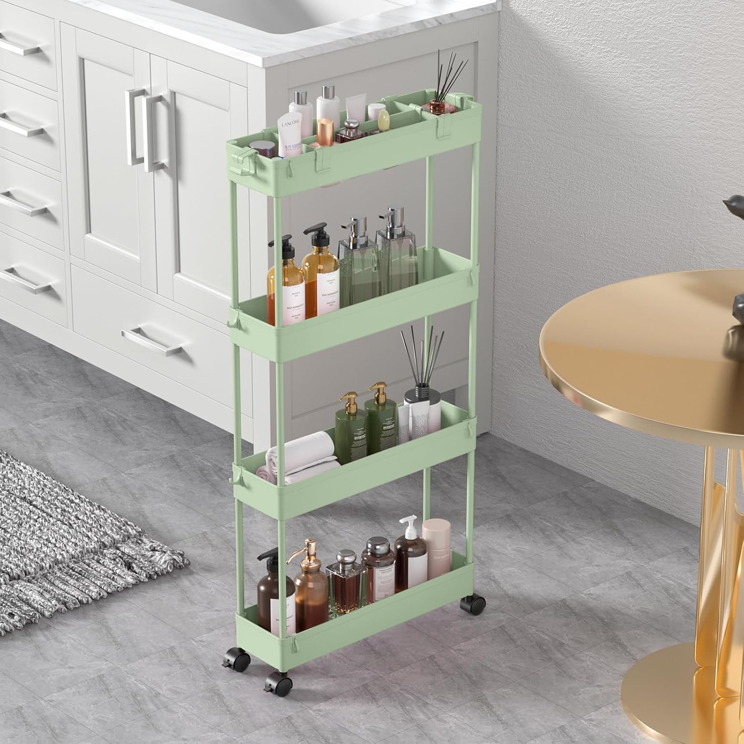 SPACELEAD Slim Storage Cart 4 Tier, Storage Organizer Rolling Utility/Mobile Shelving Unit Slide Out Storage Cart for Office, Bathroom, Kitchen, Laundry Room & Narrow Places, Green SPACELEAD Slim Storage Cart 4 Tier, Storage Organizer Rolling Utility/Mobile Shelving Unit Slide Out Storage Cart for Office, Bathroom, Kitchen, Laundry Room & Narrow Places, Green