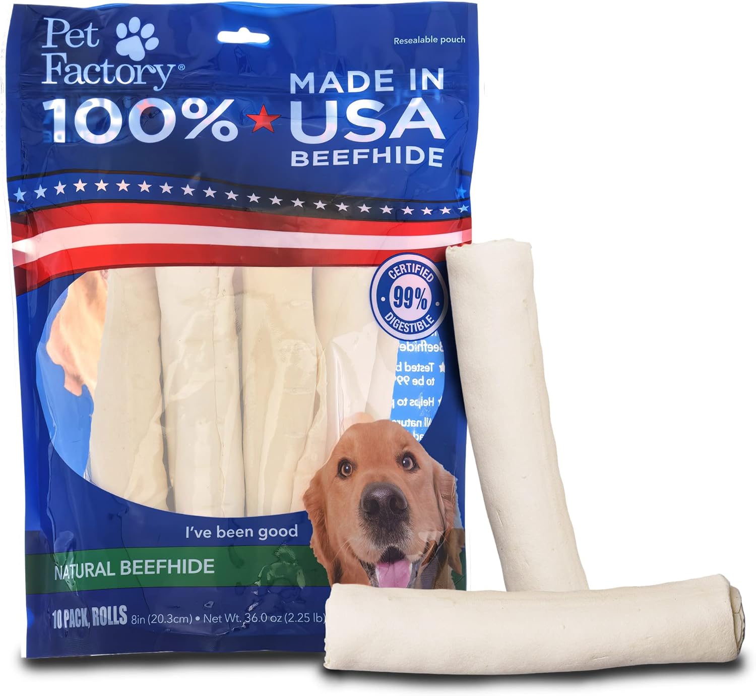 Pet Factory 100% Made in USA Beefhide 8″ Rolls Dog Chew Treats – Natural Flavor, 10 Count/1 Pack Pet Factory 100% Made in USA Beefhide 8″ Rolls Dog Chew Treats – Natural Flavor, 10 Count/1 Pack