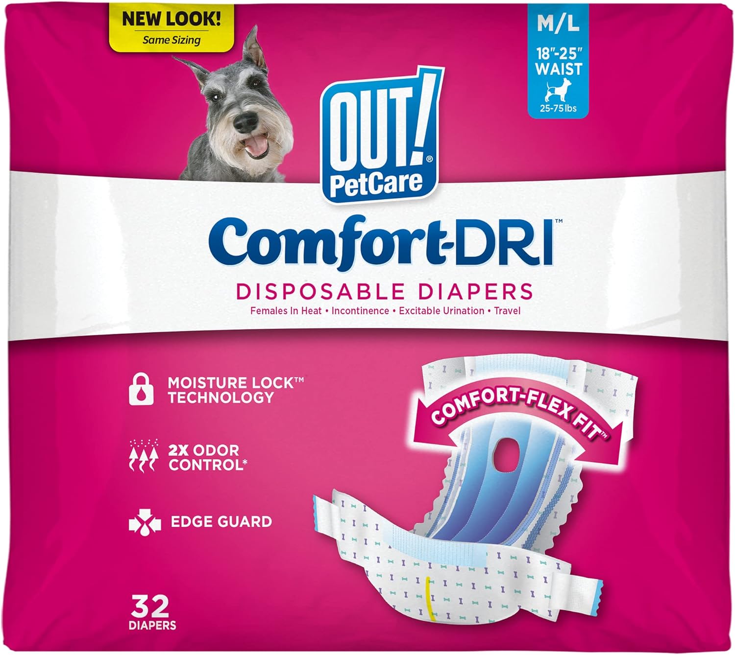 OUT! Disposable Female Dog Diapers | Absorbent Female Dog Diapers with Leak Protection | Female Dogs in Heat, Excitable Urination, or Incontinence | Medium/Large | 32 Count (Pack of 1) OUT! Disposable Female Dog Diapers | Absorbent Female Dog Diapers with Leak Protection | Female Dogs in Heat, Excitable Urination, or Incontinence | Medium/Large | 32 Count (Pack of 1)