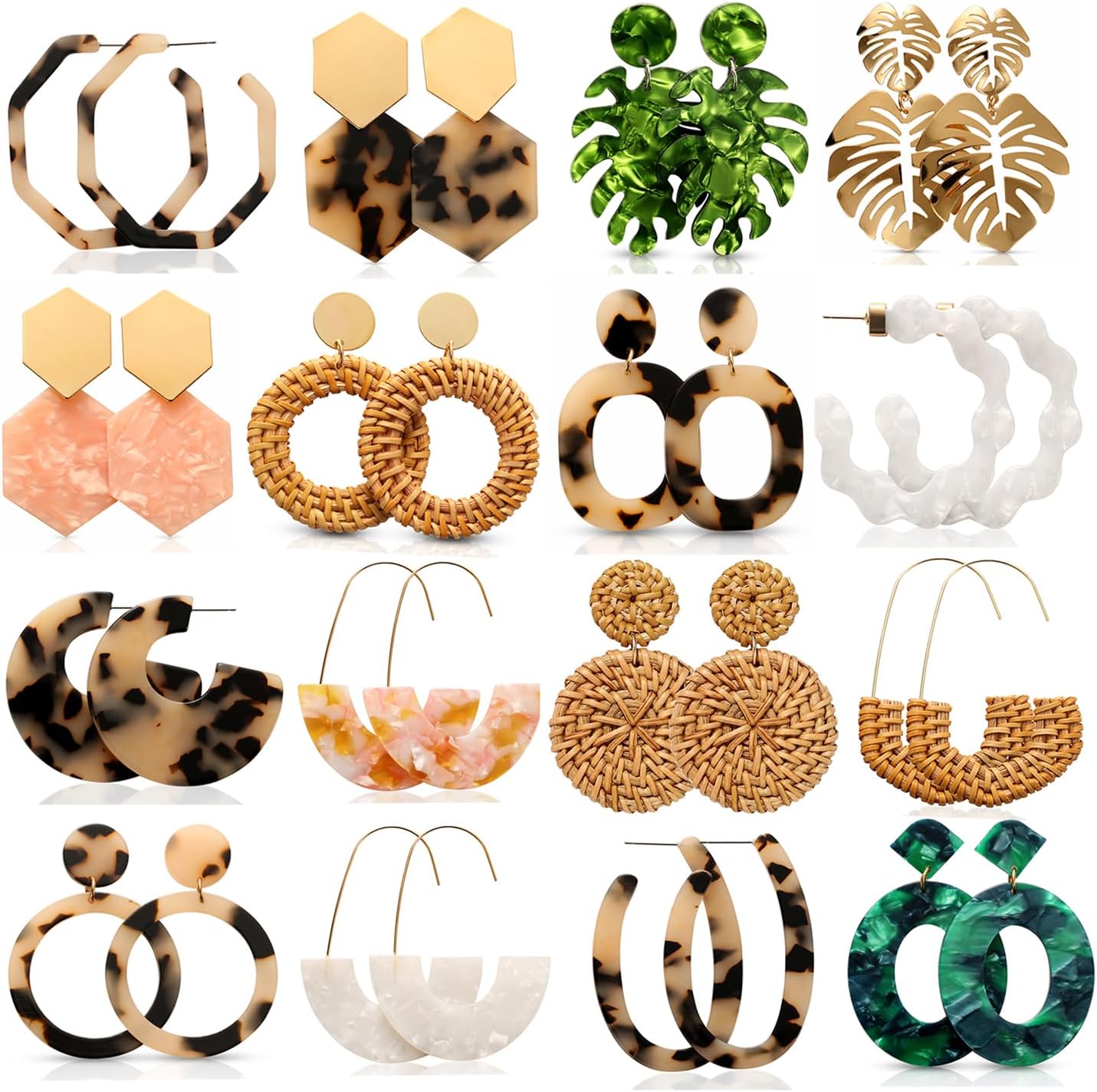 16 Pairs Trendy Acrylic Rattan Earrings for Women-Fashion Summer Beach Statement Earrings Resin Dangle Drop Earrings Vacation Jewelry 16 Pairs Trendy Acrylic Rattan Earrings for Women-Fashion Summer Beach Statement Earrings Resin Dangle Drop Earrings Vacation Jewelry