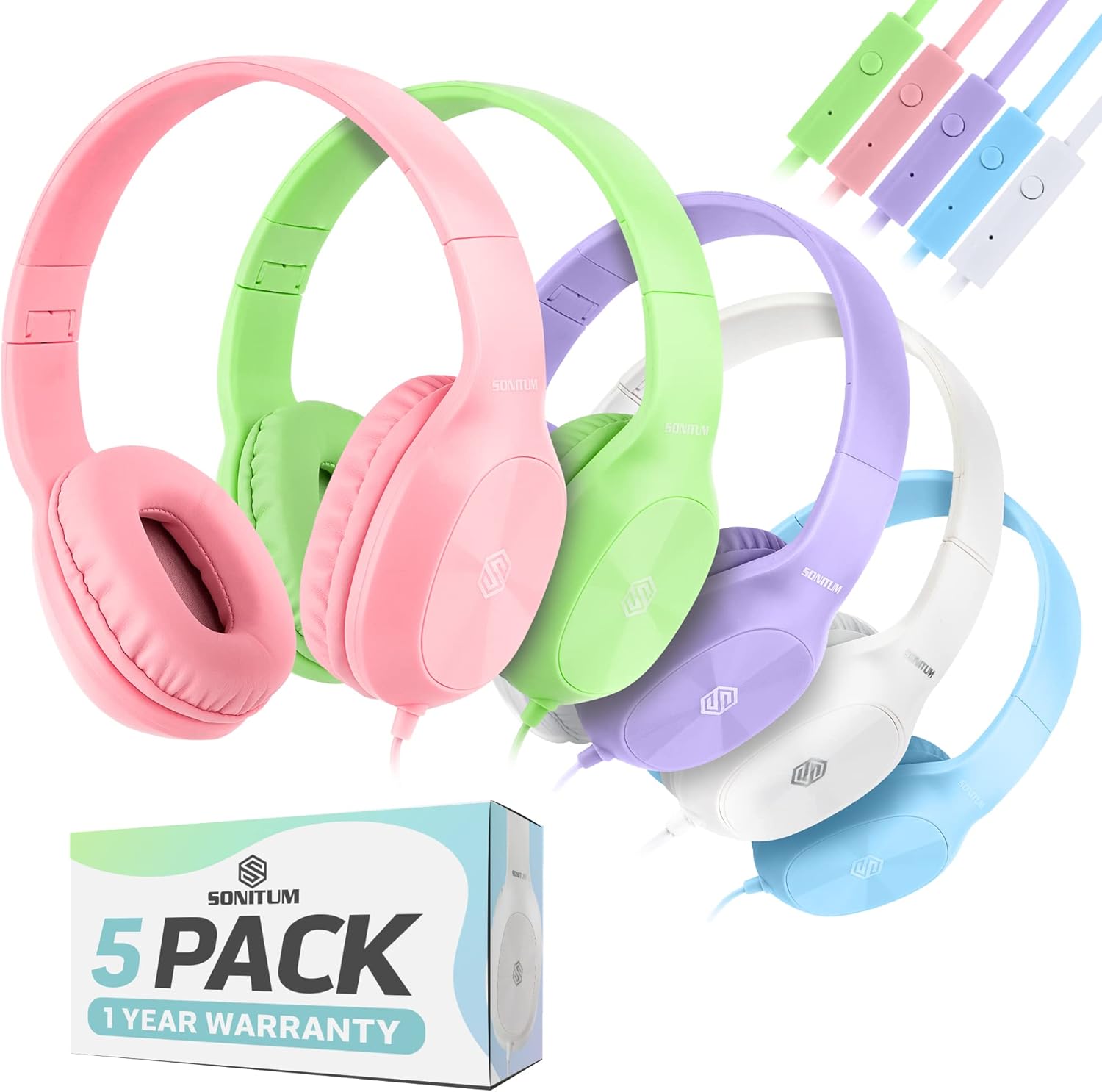 Sonitum Bulk Kids Headphones for School with Microphones – 5-Pack On-Ear 3.5mm Wired Headphones for Schools -Comfy Wired Kids Headphones with in-Line Mics – School Headphones for Kids Sonitum Bulk Kids Headphones for School with Microphones – 5-Pack On-Ear 3.5mm Wired Headphones for Schools -Comfy Wired Kids Headphones with in-Line Mics – School Headphones for Kids