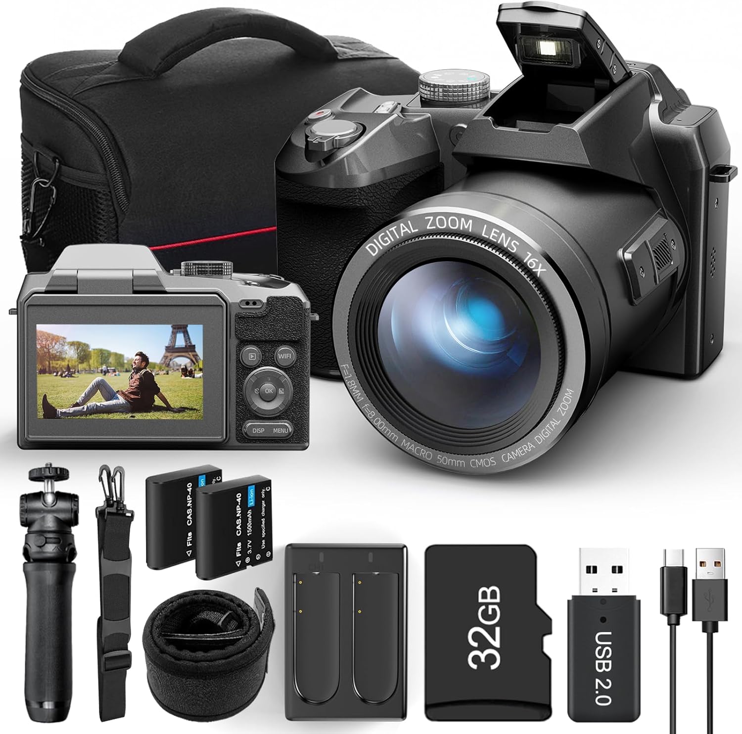 64MP Digital Camera for Photography Autofocus, 4K vlogging Camera for YouTube with Strap&Tripod,16X Anti-Shake Compact Travel Camera with WiFi & App Control, Flash,SD Card, 2 Batteries (Black) 64MP Digital Camera for Photography Autofocus, 4K vlogging Camera for YouTube with Strap&Tripod,16X Anti-Shake Compact Travel Camera with WiFi & App Control, Flash,SD Card, 2 Batteries (Black)
